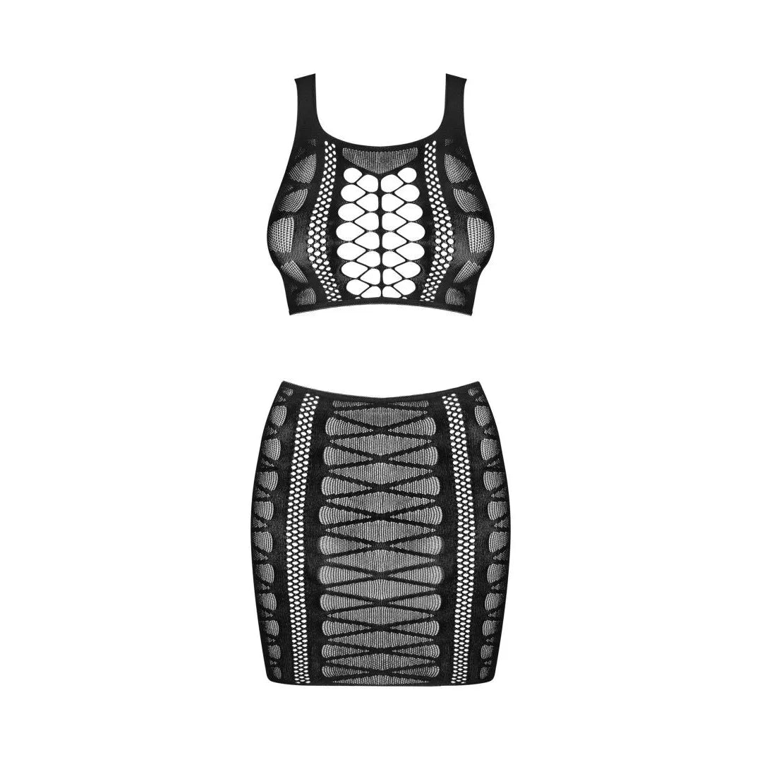 Ensemble jupe top noir sexy découpe ajustée silhouette féminine 90% nylon