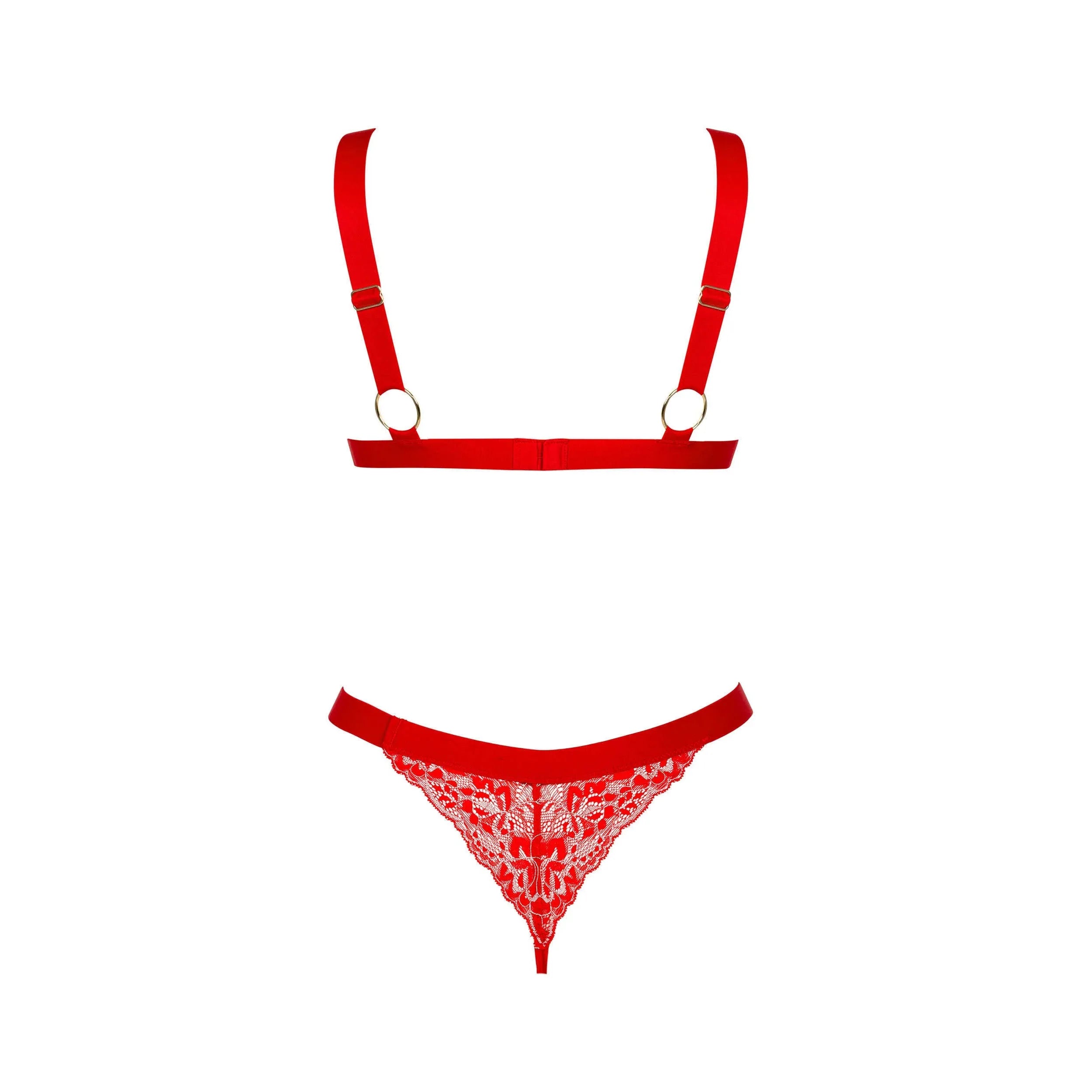 Ensemble lingerie rouge dentelle ajustable avec détails dorés et confort