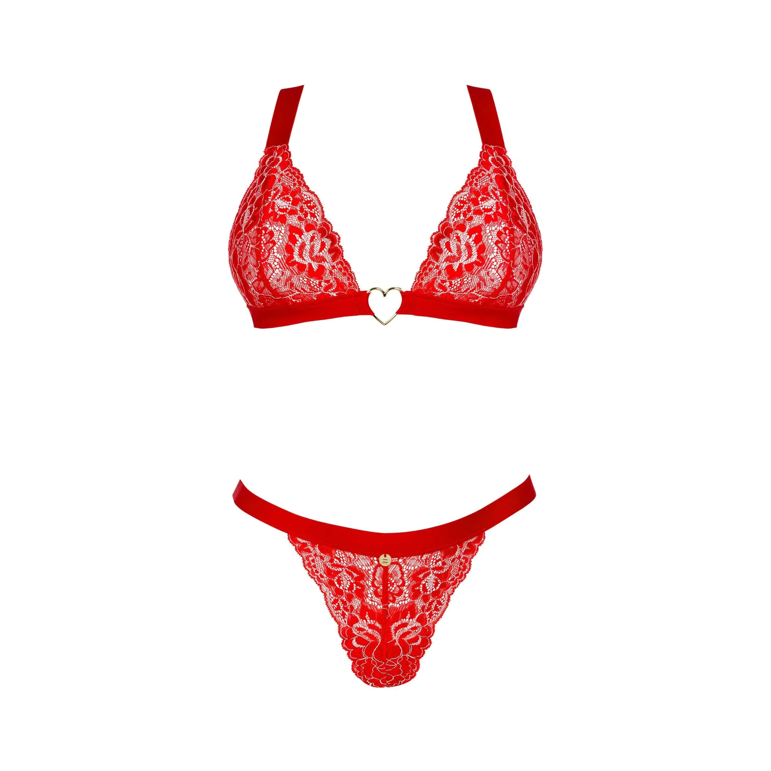 Ensemble lingerie rouge dentelle ajustable avec détails dorés et confort