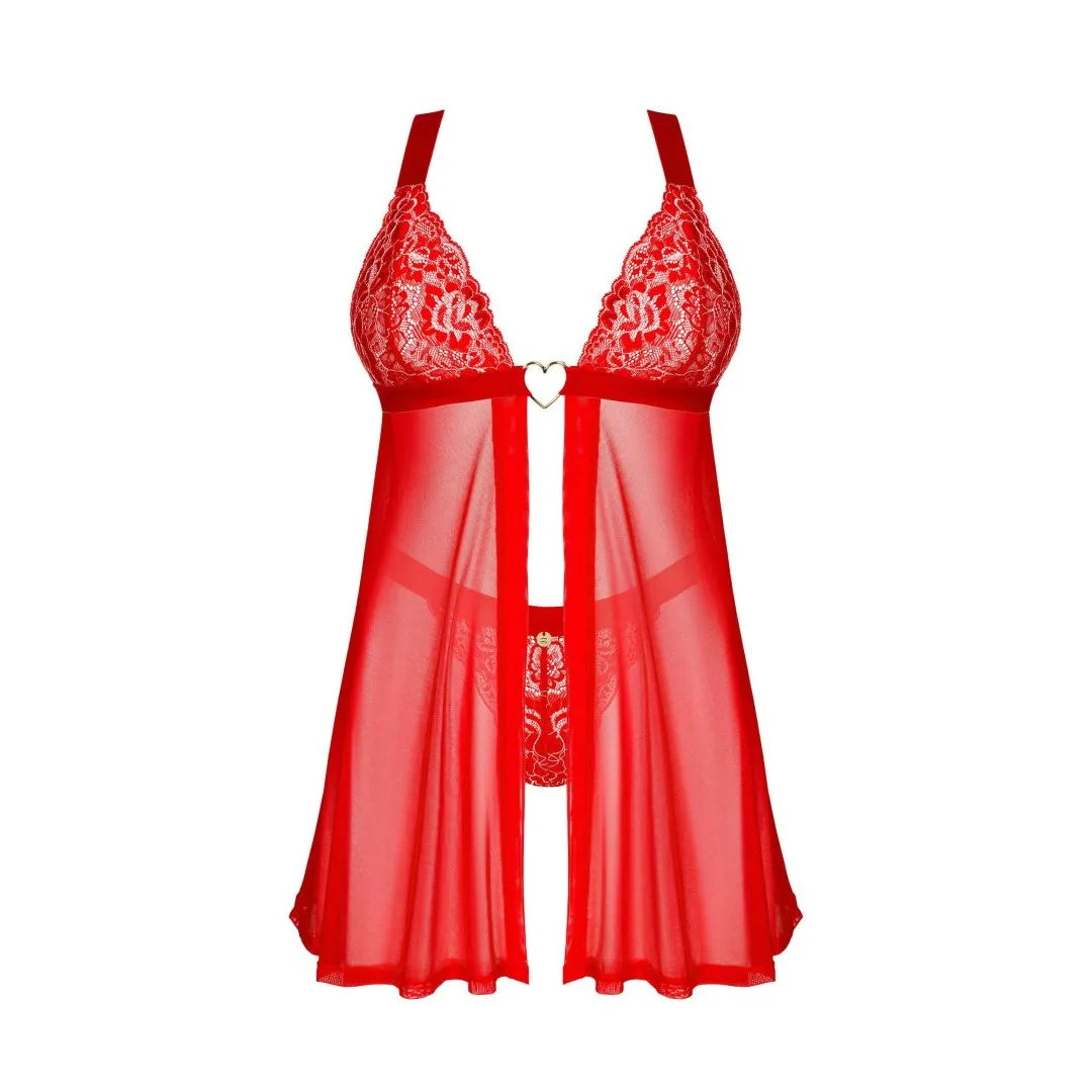 Babydoll rouge en dentelle avec string, détails cœur doré, tissu léger et aérien, design séduisant et élégant.