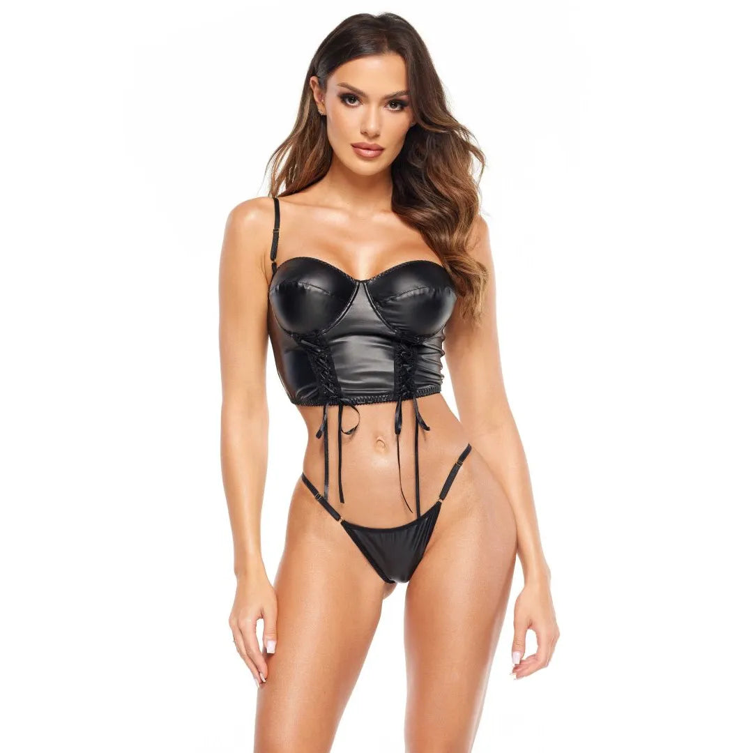 Ensemble sexy wetlook noir corset laçage tailles ajustables S/M L/XL