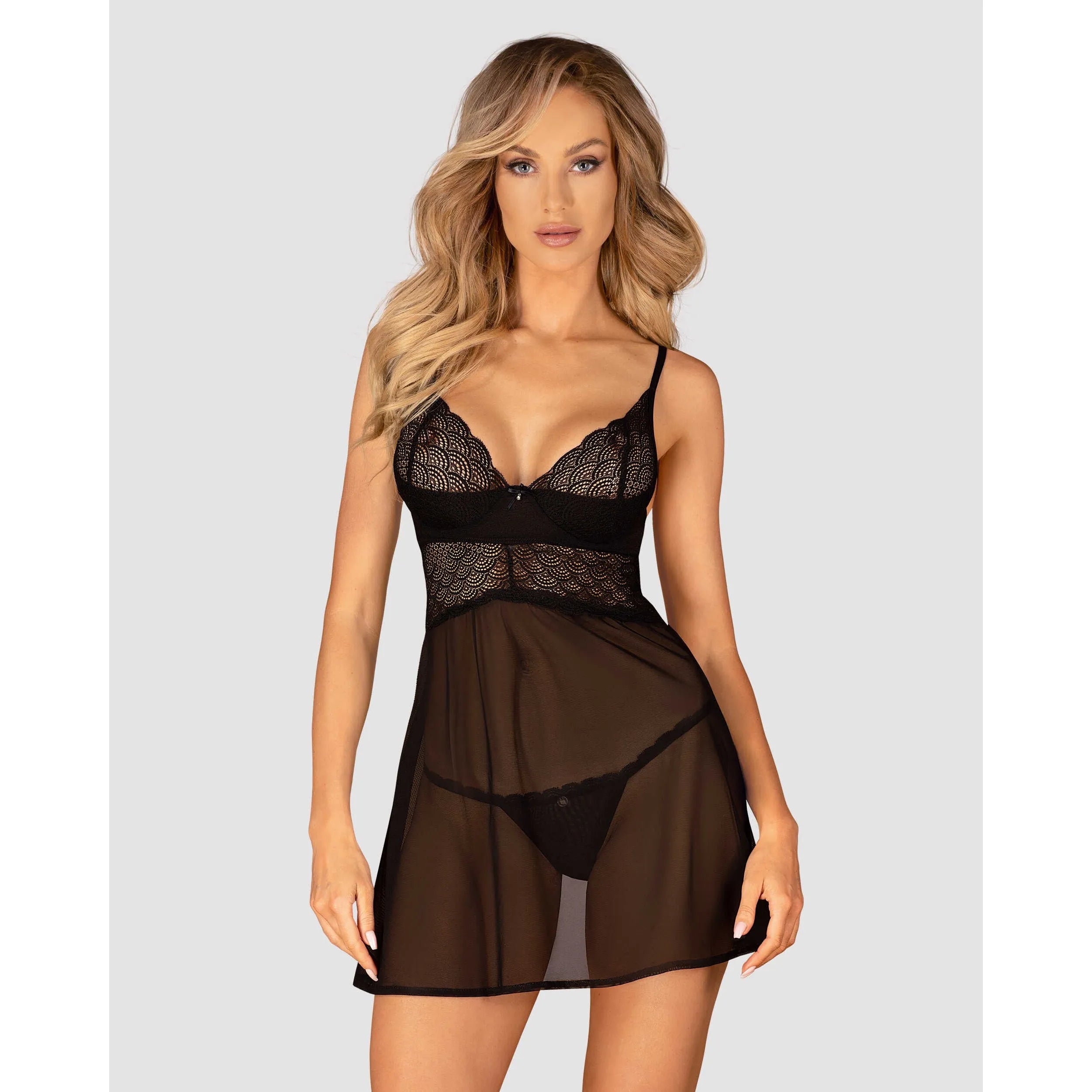 Nuisette string noirs transparents dentelle laçage réglable soutien-gorge rembourré