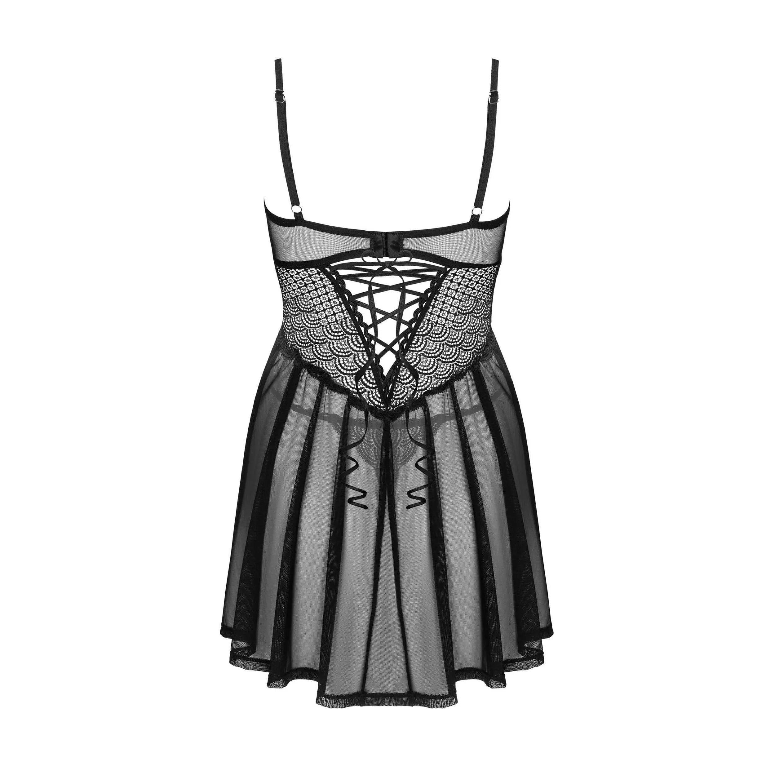 Nuisette string noirs transparents dentelle laçage réglable soutien-gorge rembourré
