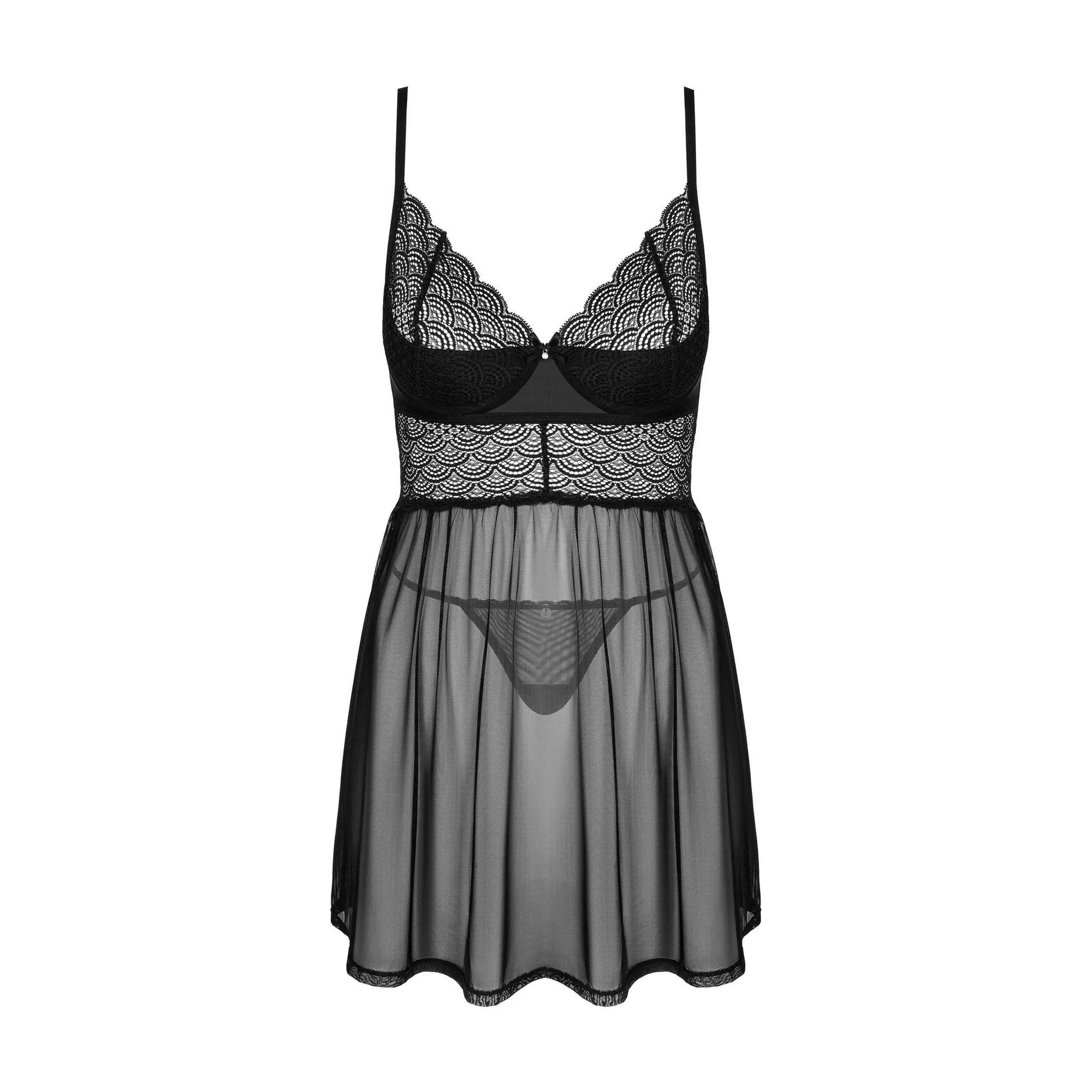 Nuisette string noirs transparents dentelle laçage réglable soutien-gorge rembourré