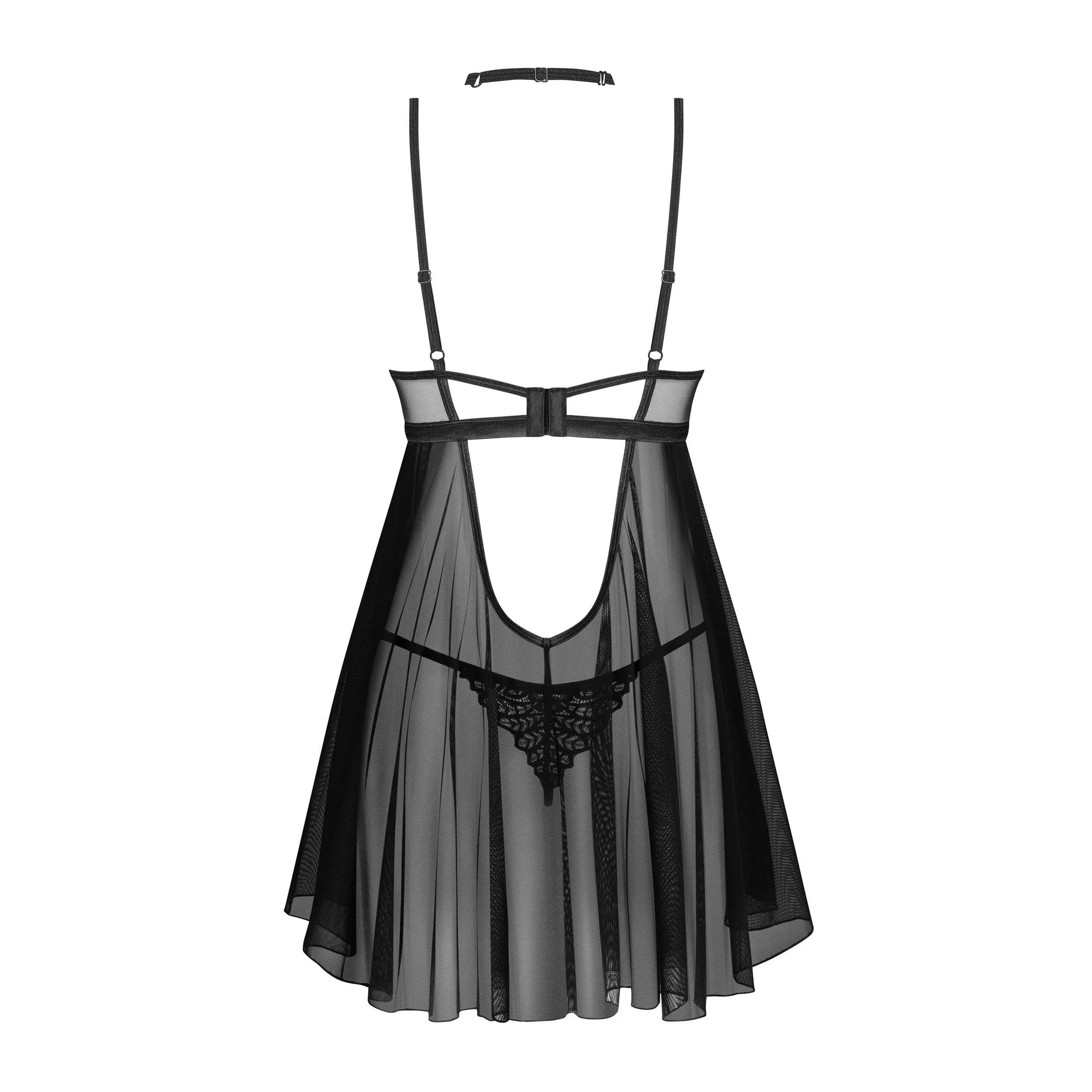 Babydoll noir Donarella en dentelle transparente, bretelles réglables, design élégant et séduisant, lingerie féminine.