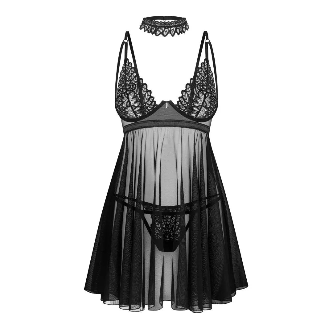 Babydoll noir Donarella en dentelle transparente, bretelles réglables, string assorti, élégant et séduisant.