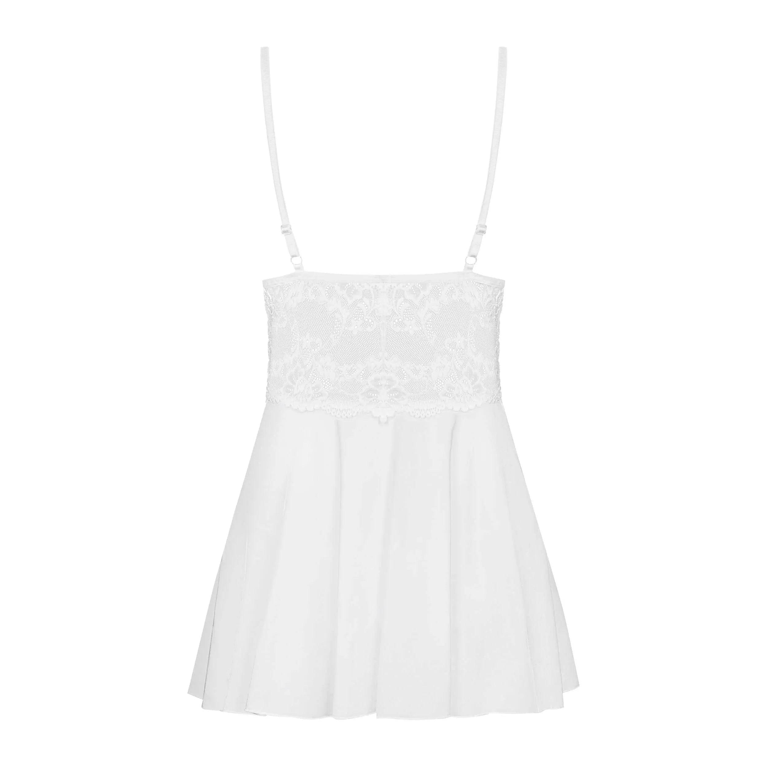 Babydoll blanche en dentelle douce avec string, bonnets rembourrés, tissu extensible, design élégant et sensuel.