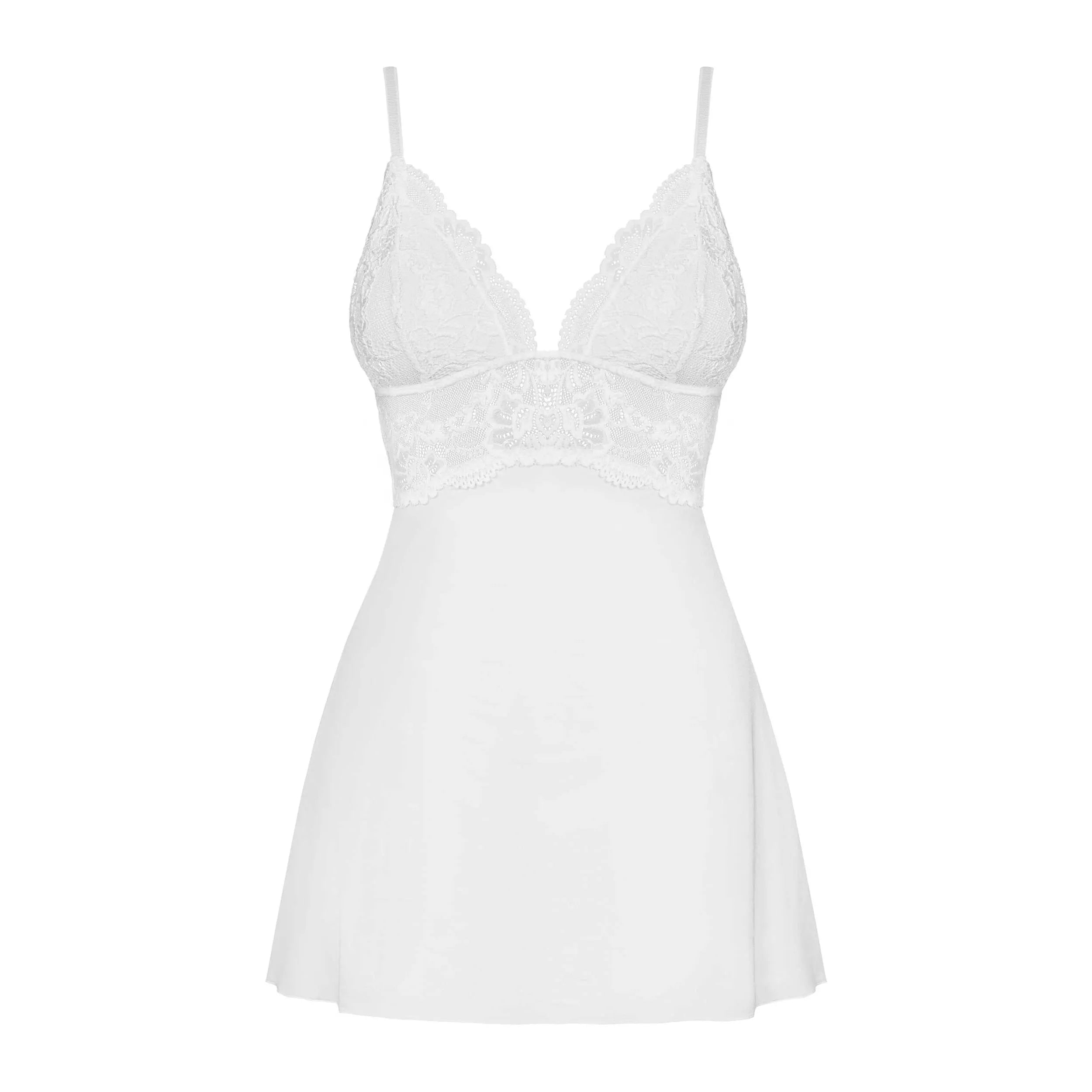 Babydoll blanche en dentelle douce, bonnets rembourrés, string inclus, élégance et confort pour sublimer la silhouette.