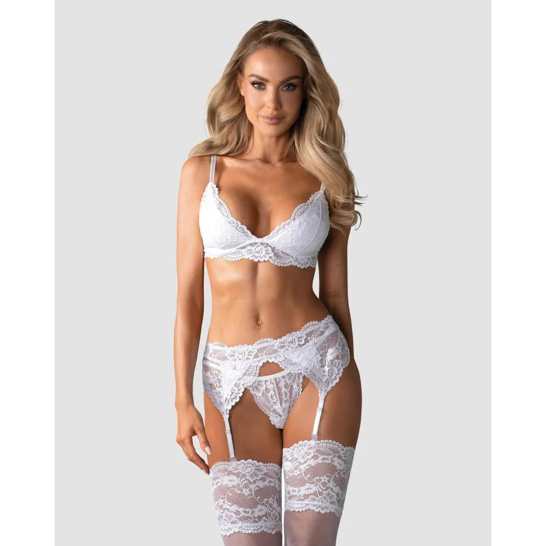 Ensemble lingerie 3 pièces blanc en dentelle, design séduisant, parfait pour un look élégant et sensuel.