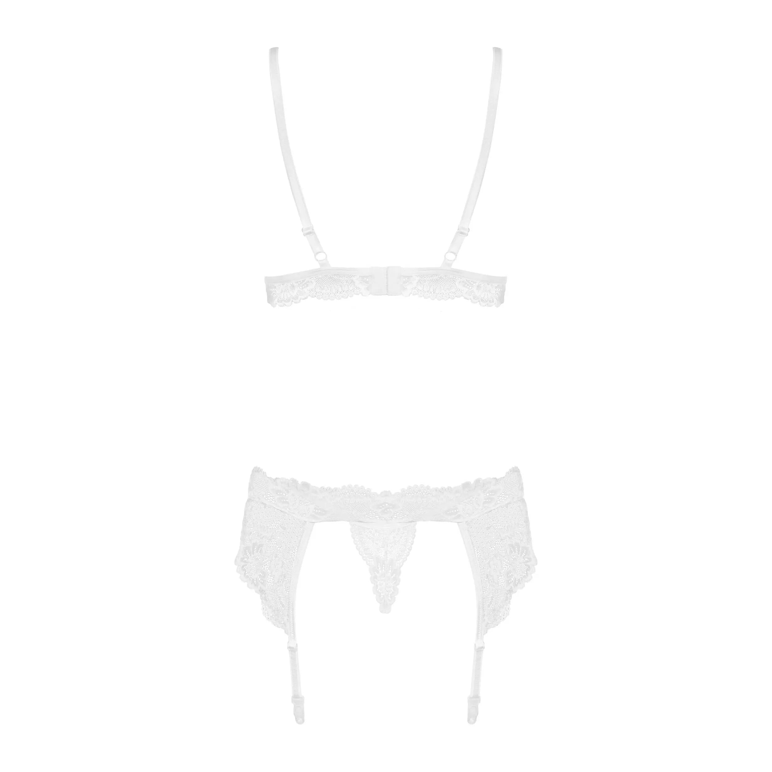 Ensemble lingerie blanc 3 pièces en dentelle, soutien-gorge, porte-jarretelles et culotte, style sexy et élégant.