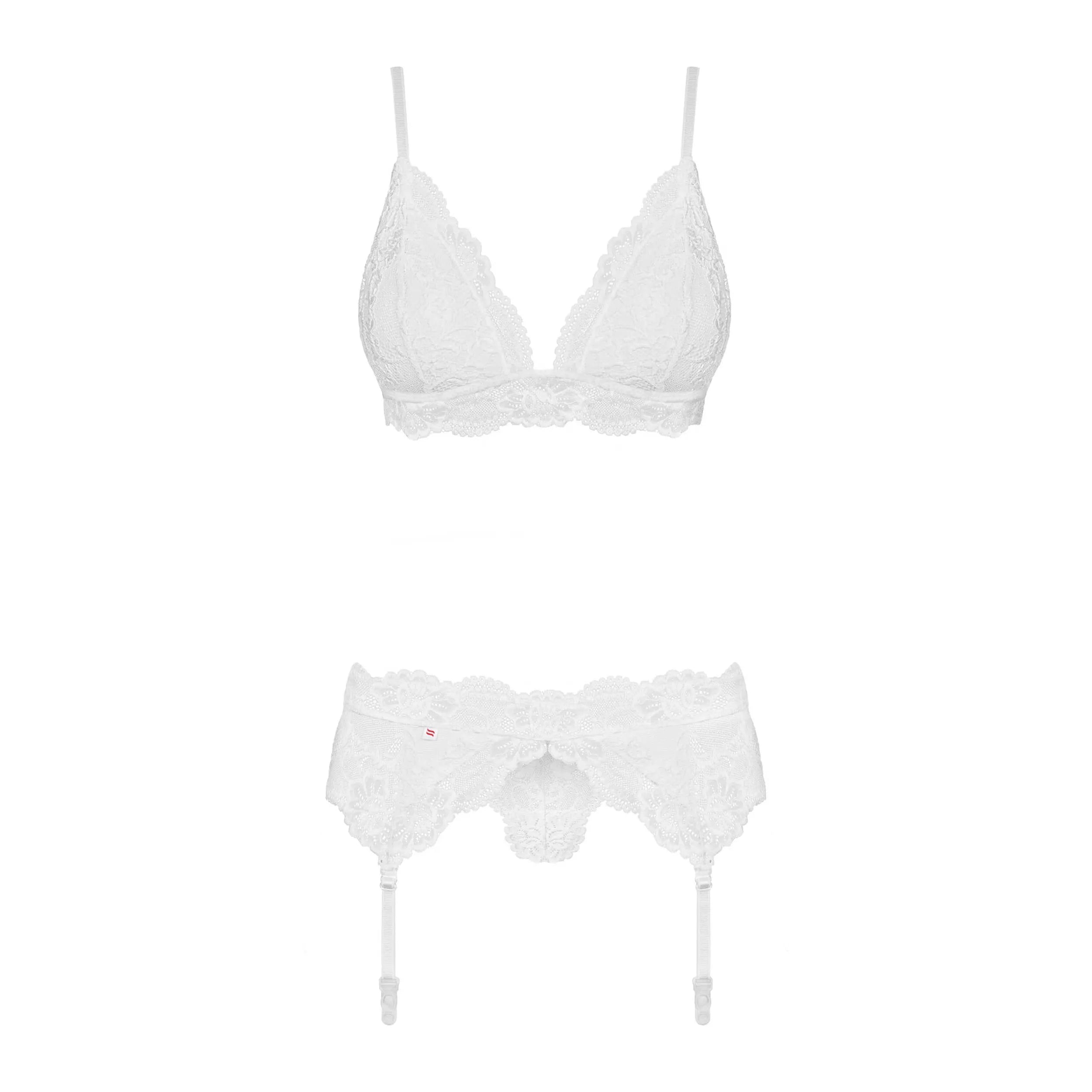 Ensemble lingerie 3 pièces blanc en dentelle, soutien-gorge triangle, porte-jarretelles et culotte, design élégant et sédu...