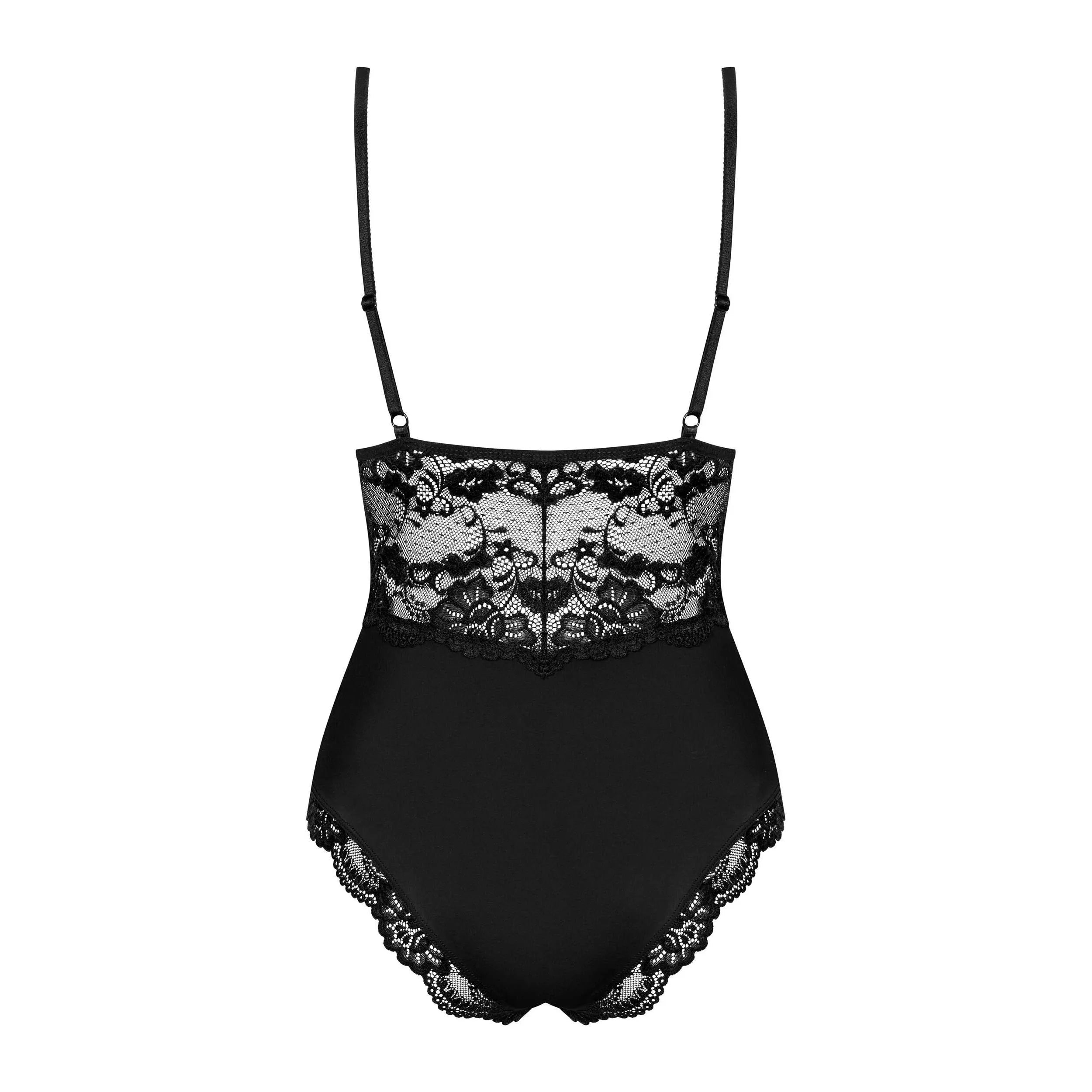 Body noir en dentelle douce et élastique, bretelles ajustables, mettant en valeur les courbes féminines.