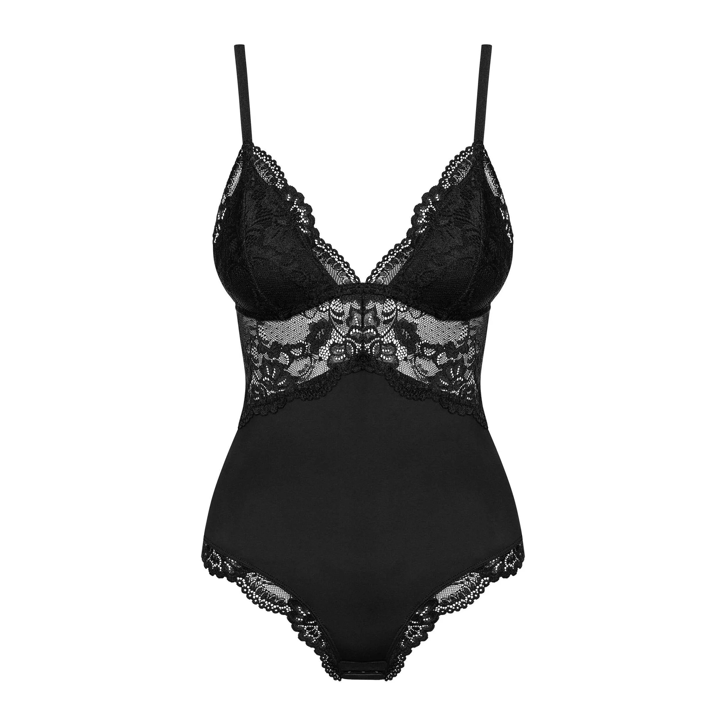 Body noir en dentelle douce et élastique, bretelles ajustables, mettant en valeur les courbes féminines.