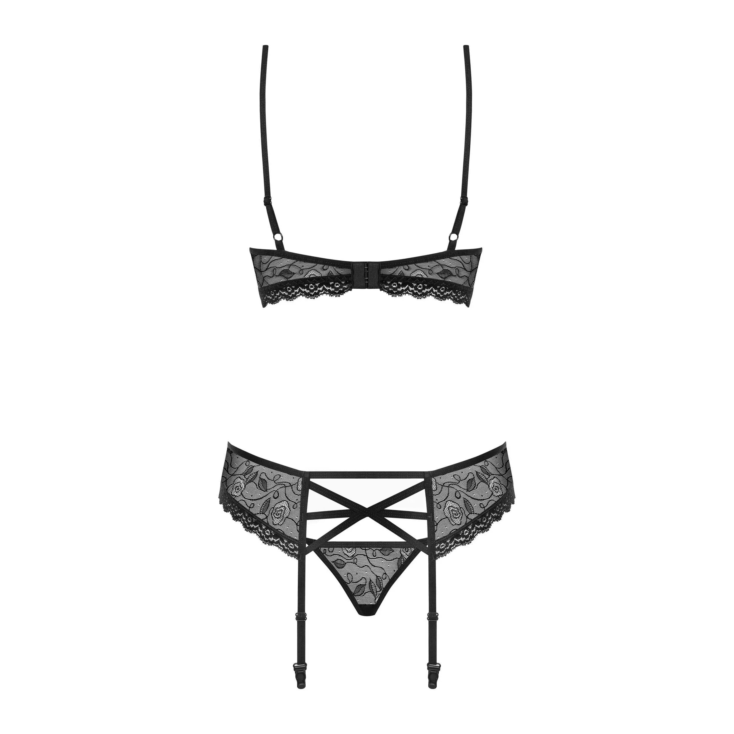 Ensemble lingerie noir 3 pièces avec dentelle fleurie, soutien-gorge, porte-jarretelles et string, détails bijoux sans nic...