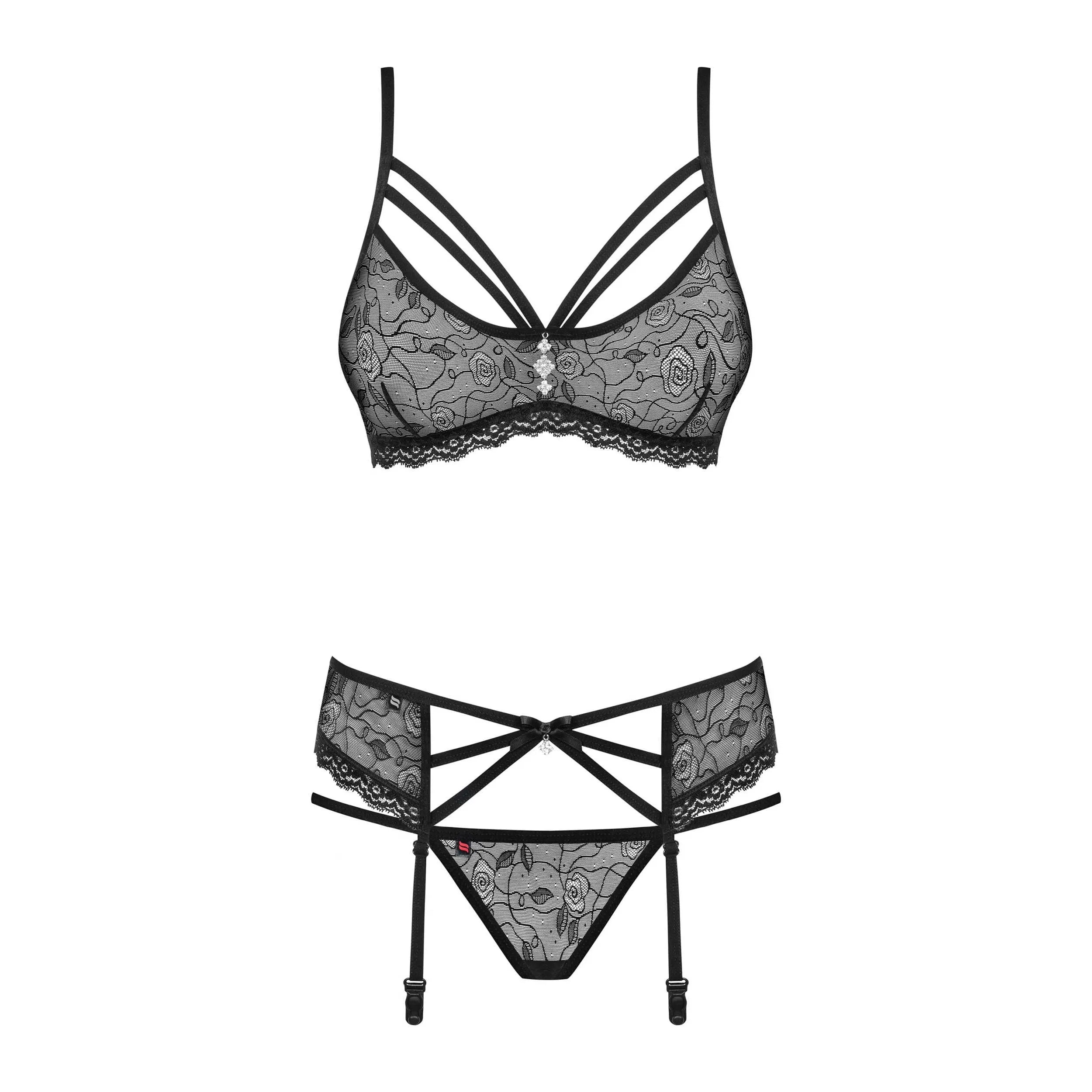 Ensemble lingerie noir 3 pièces avec dentelle florale, soutien-gorge, porte-jarretelles et string, détails bijoux sans nic...