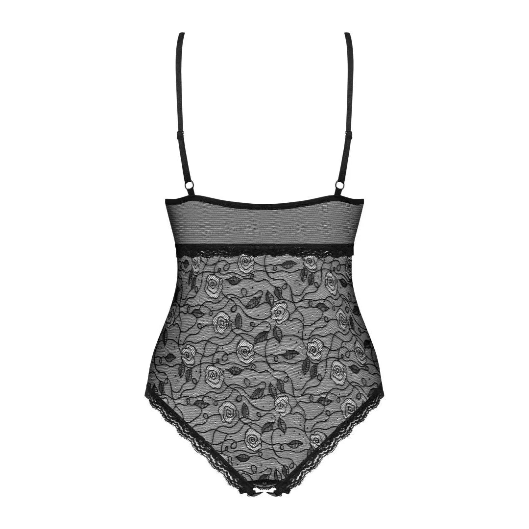 Body femme noir semi-transparent motifs floraux, bijou décoratif, polyamide élasthanne, élégant et sensuel.