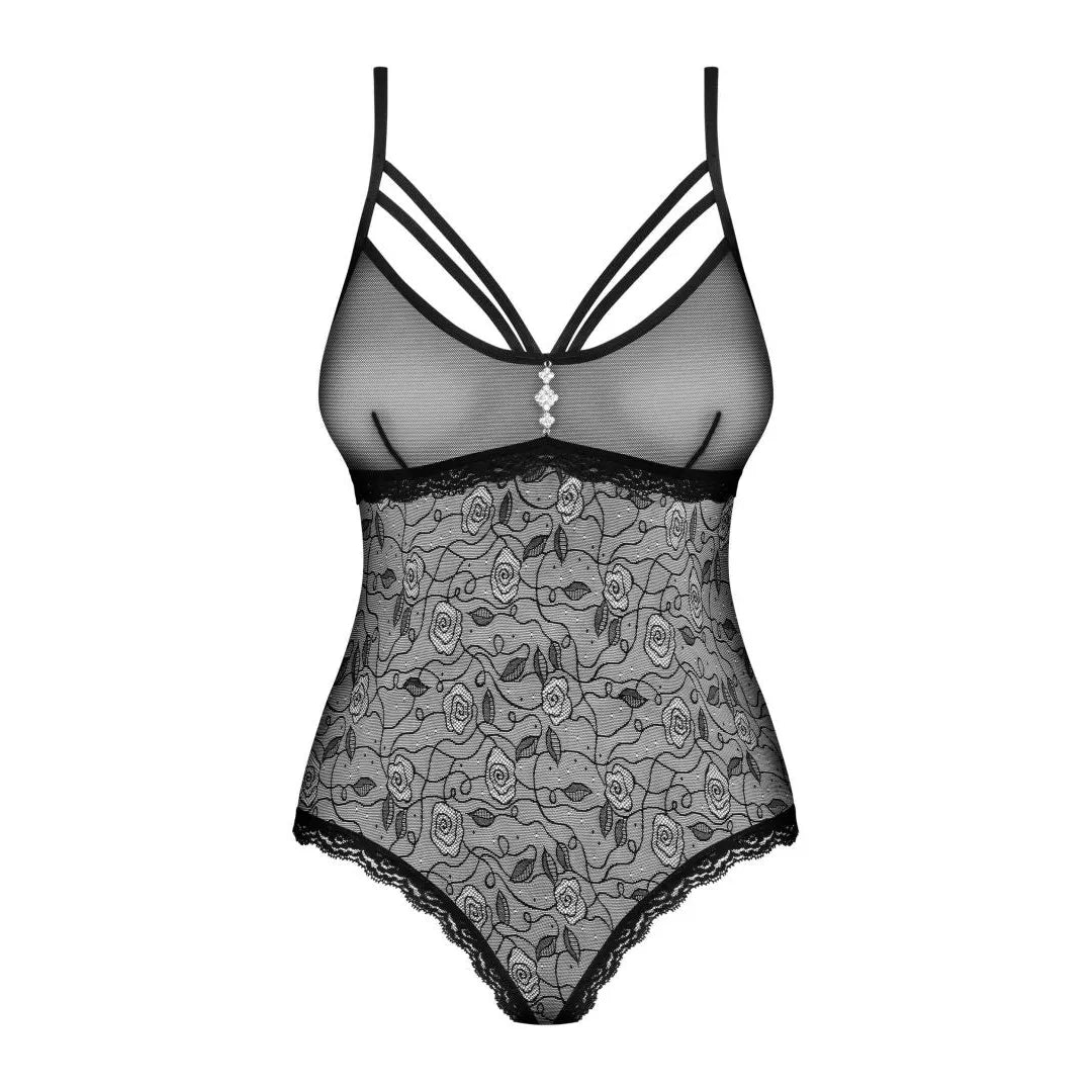 Body femme noir semi-transparent motifs floraux bijou, polyamide élasthanne, élégant et sensuel.