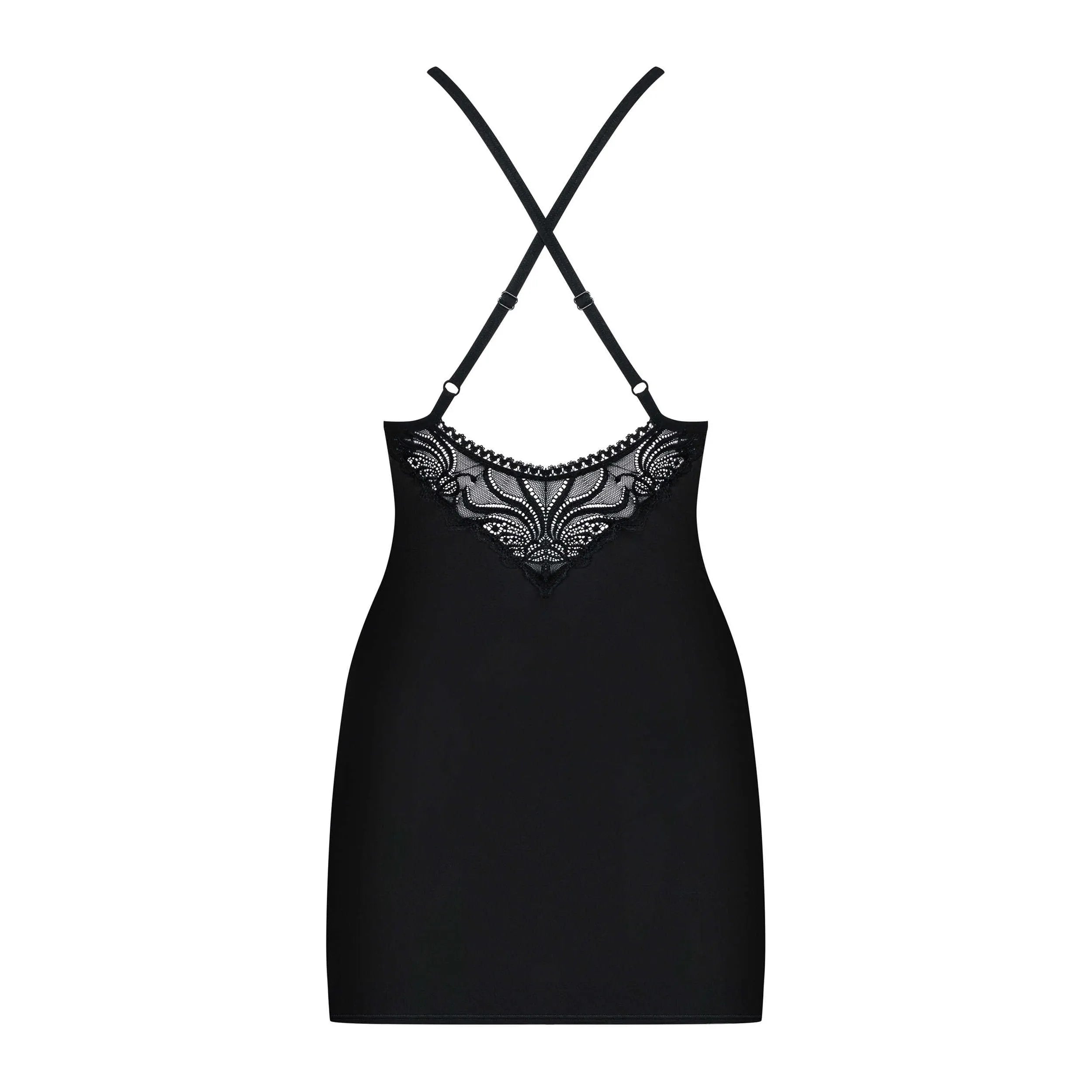 Nuisette noire opaque avec dentelle, bretelles croisées réglables, bijou strass; charme et élégance sensuelle.