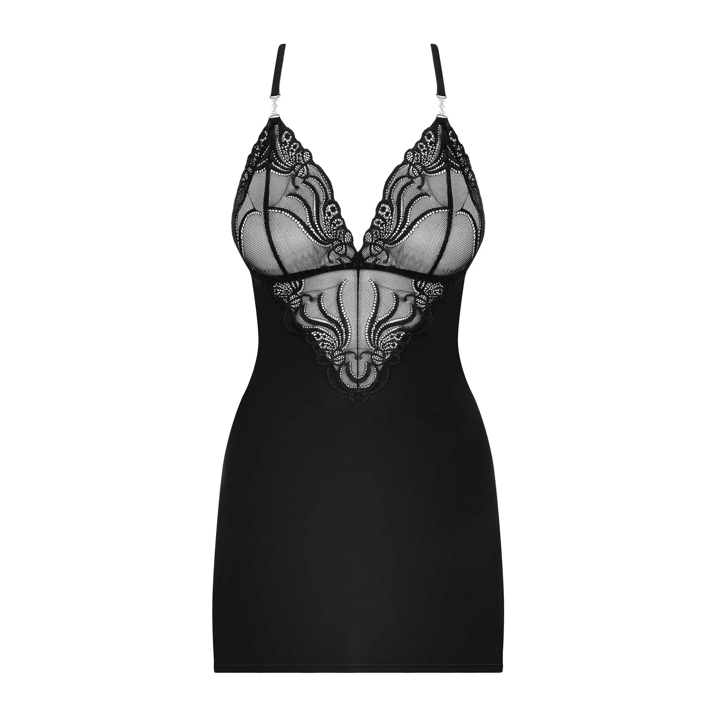 Nuisette noire opaque avec dentelle, bretelles réglables croisées, bijou strass, matière lisse, sexy et élégante.
