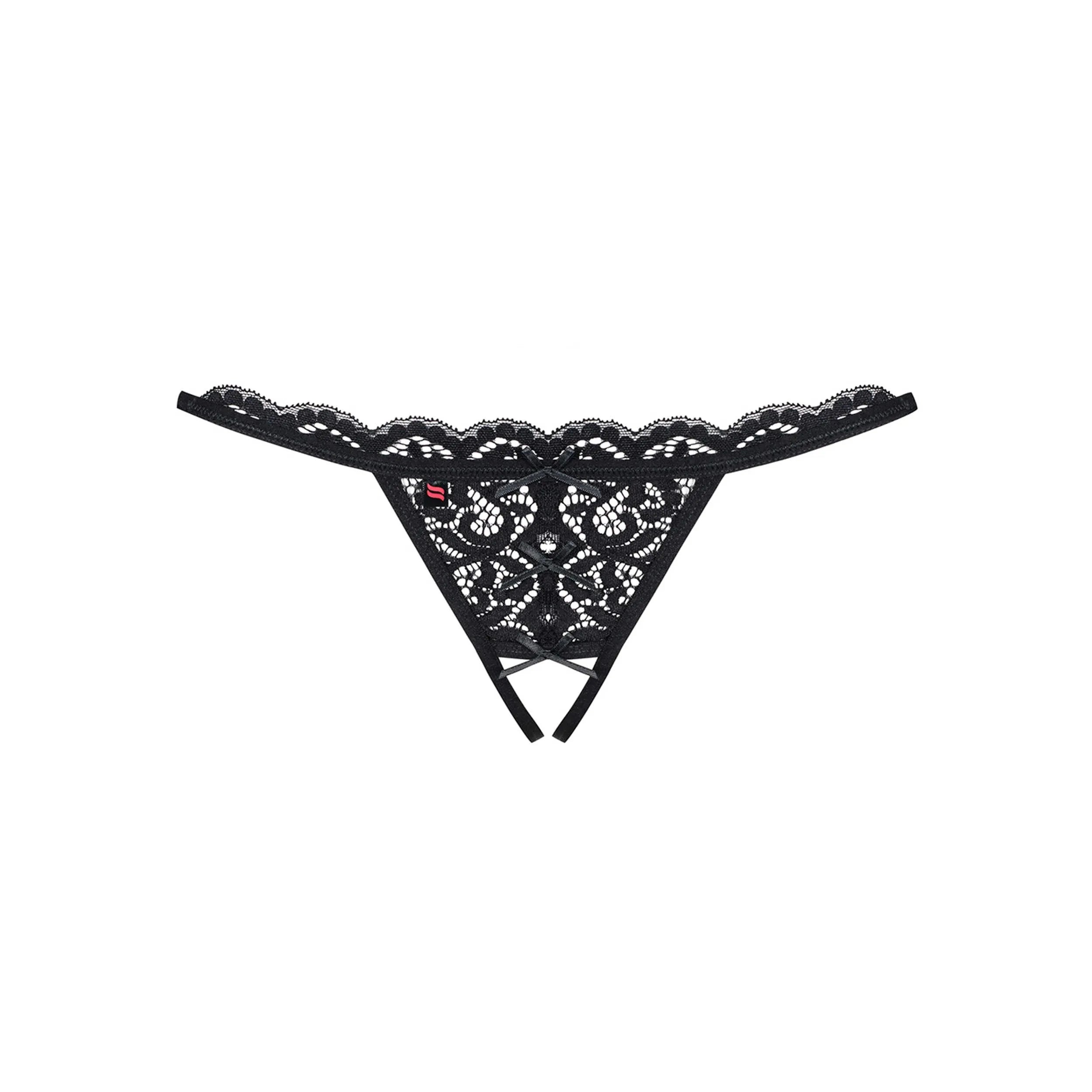 String ouvert noir en dentelle avec noeuds satinés et lanières croisées, design séduisant et confortable.