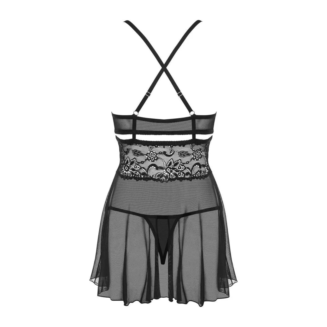 Nuisette noire Obsessive en dentelle avec bijou étincelant, décolleté profond, ceinture délicate, tissu doux et aérien.
