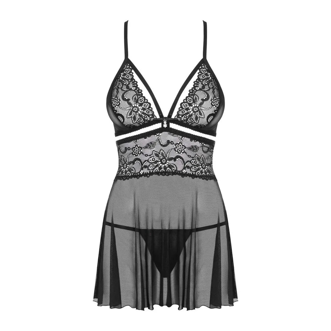 Nuisette noire évasée en dentelle avec bijou étincelant, décolleté profond, tissu doux et aérien, Obsessive.
