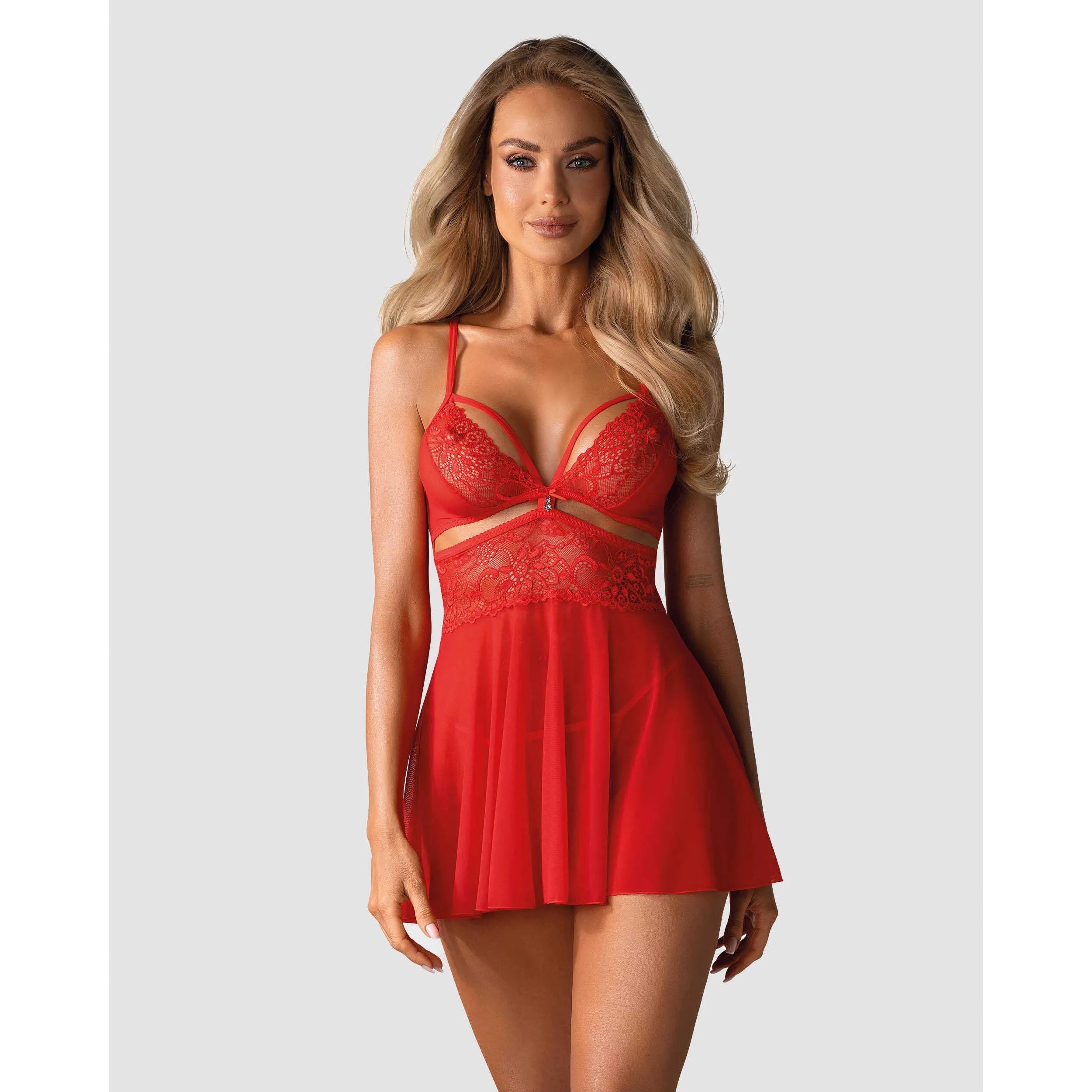 Babydoll rouge dentelle ajourée, bijou charme, bretelles croisées dos, élégante et sensuelle, Obsessive 838.
