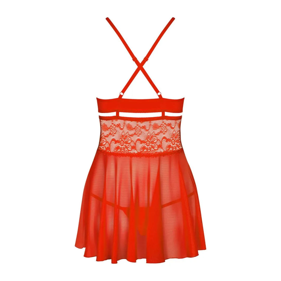 Babydoll rouge dentelle ajourée, bretelles croisées dos, bijou charme, élégance et sensualité, lingerie Obsessive 838.