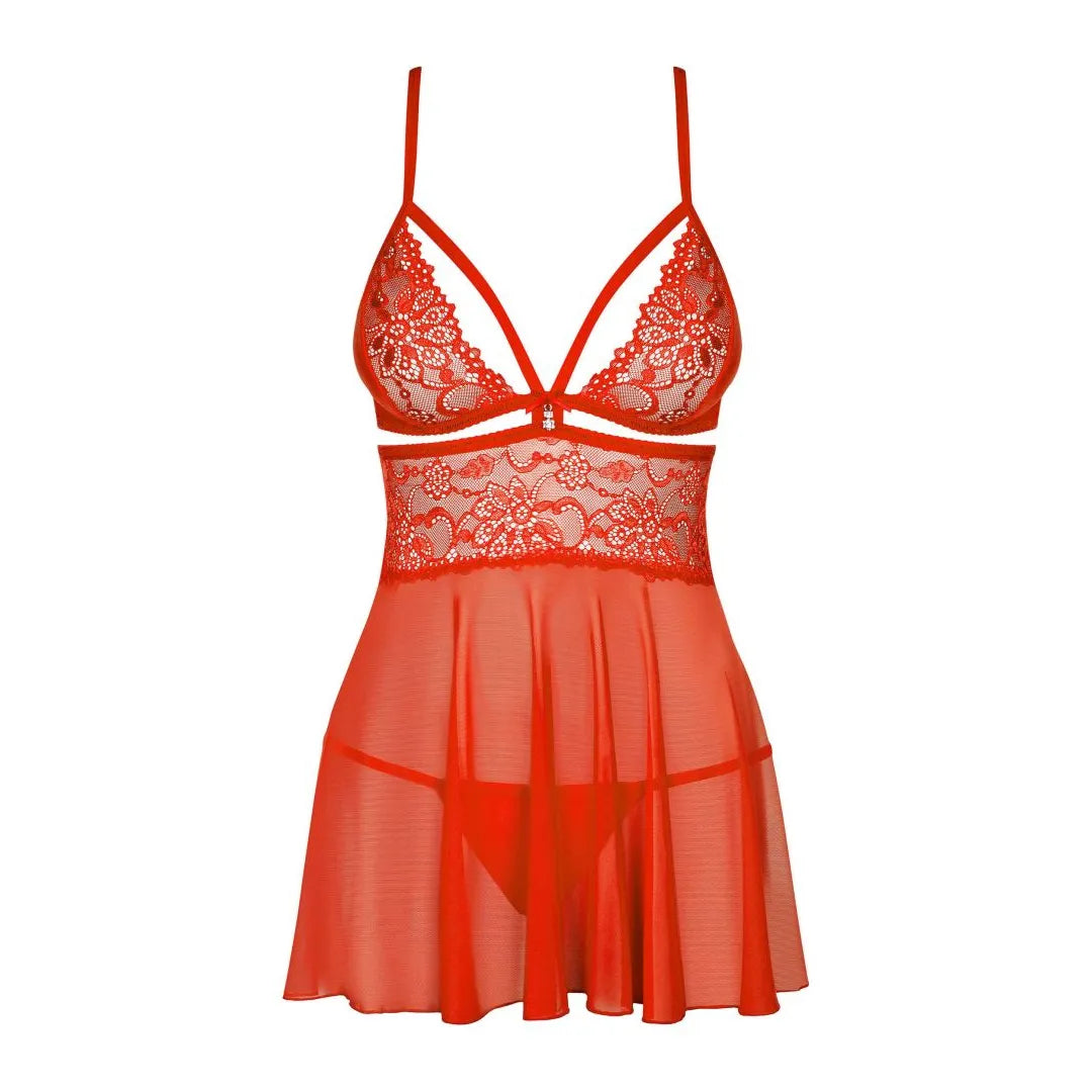 Babydoll rouge en dentelle ajourée avec bijou, bretelles croisées dos, élégance et sensualité pour sublimer la silhouette.