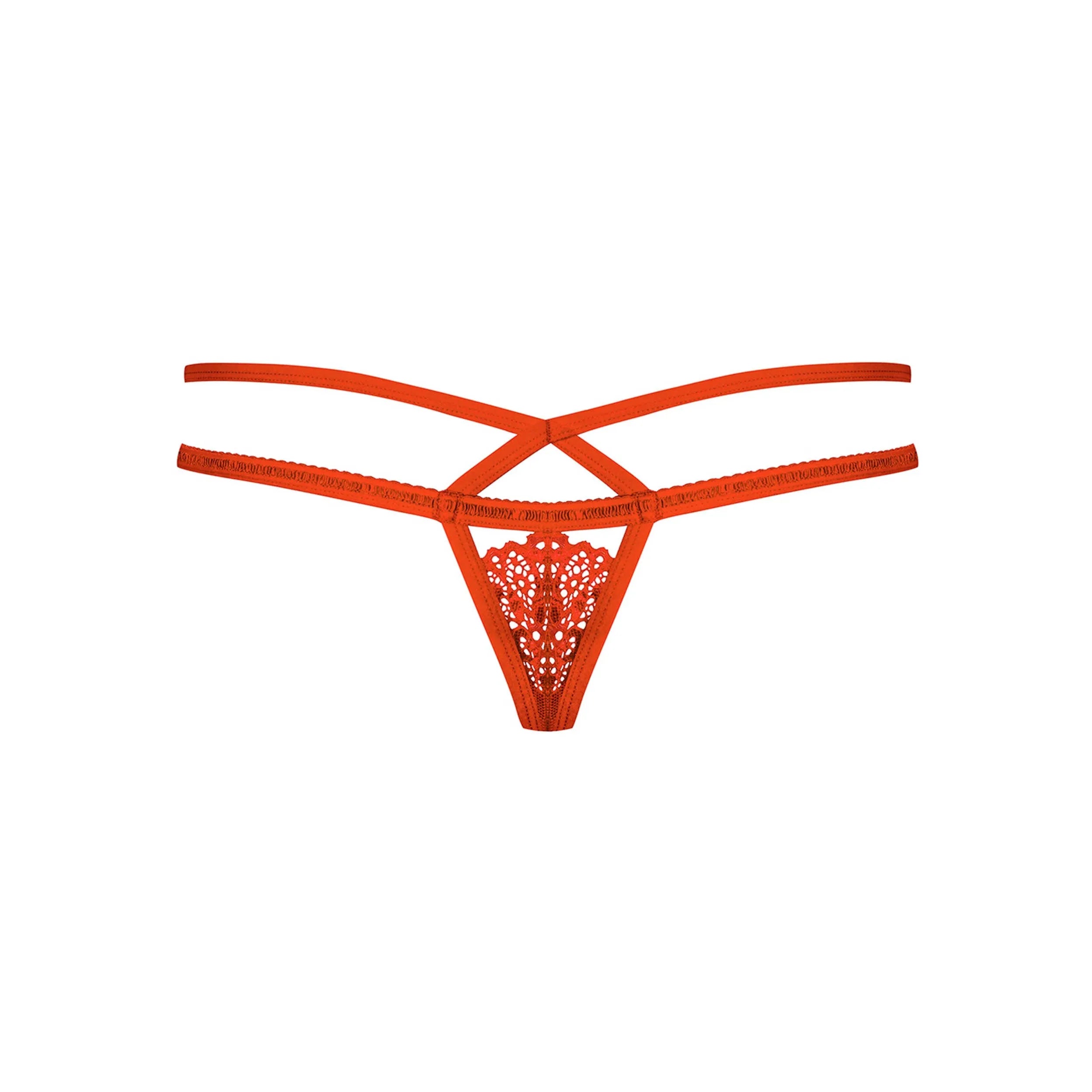 String rouge en dentelle et maille, avec noeud satin et bijou, lanières élégantes, collection Obsessive 838.