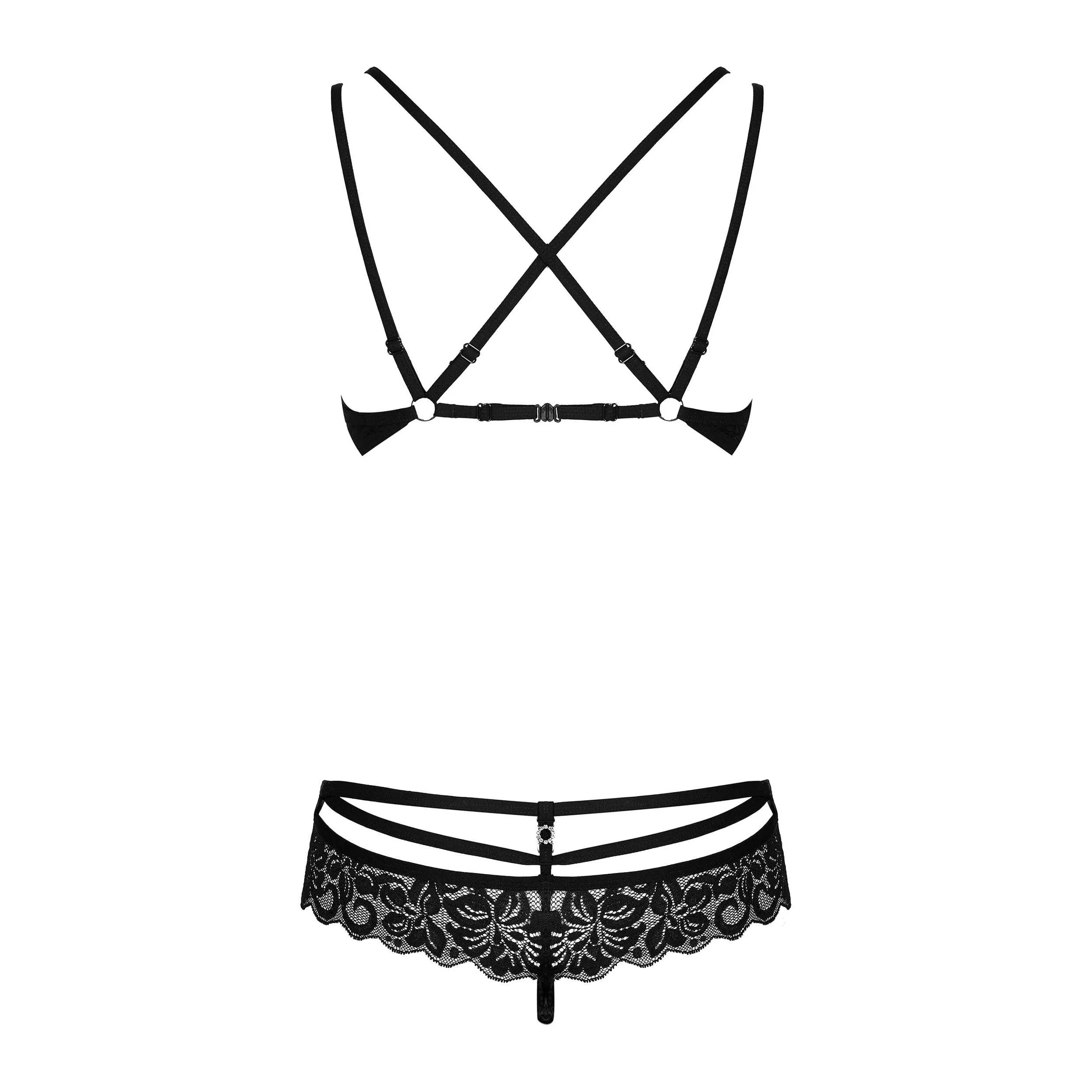 Ensemble lingerie noir 2 pièces en dentelle fine, soutien-gorge à armatures, bretelles réglables, string avec lanières séd...