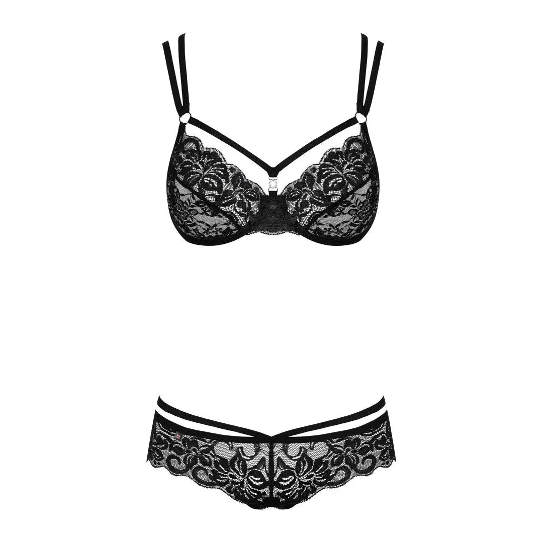 Ensemble lingerie noir en dentelle fine, soutien-gorge à armatures et string avec lanières et bijoux, collection Obsessive...