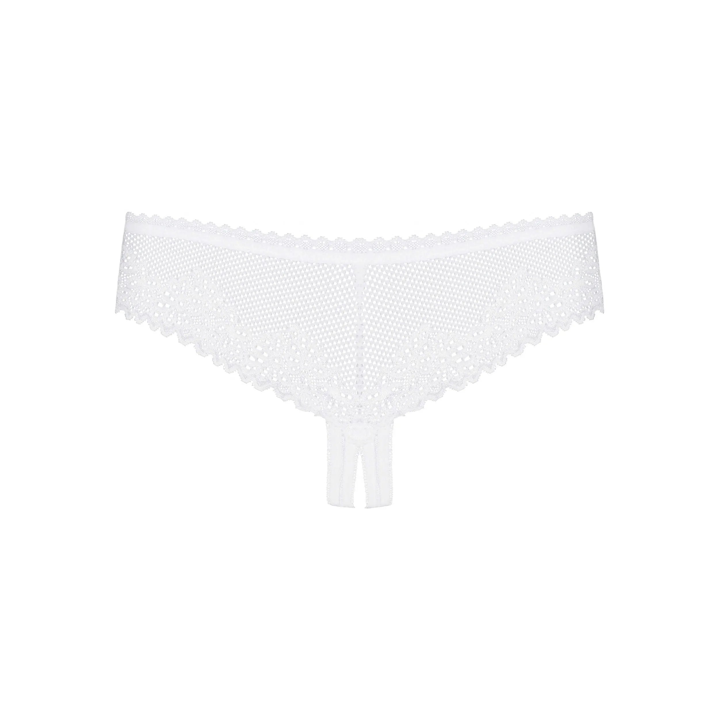String blanc ouvert Alabastra, dentelle florale, noeud satin, micro résille, élastique, raffiné, collection Obsessive.