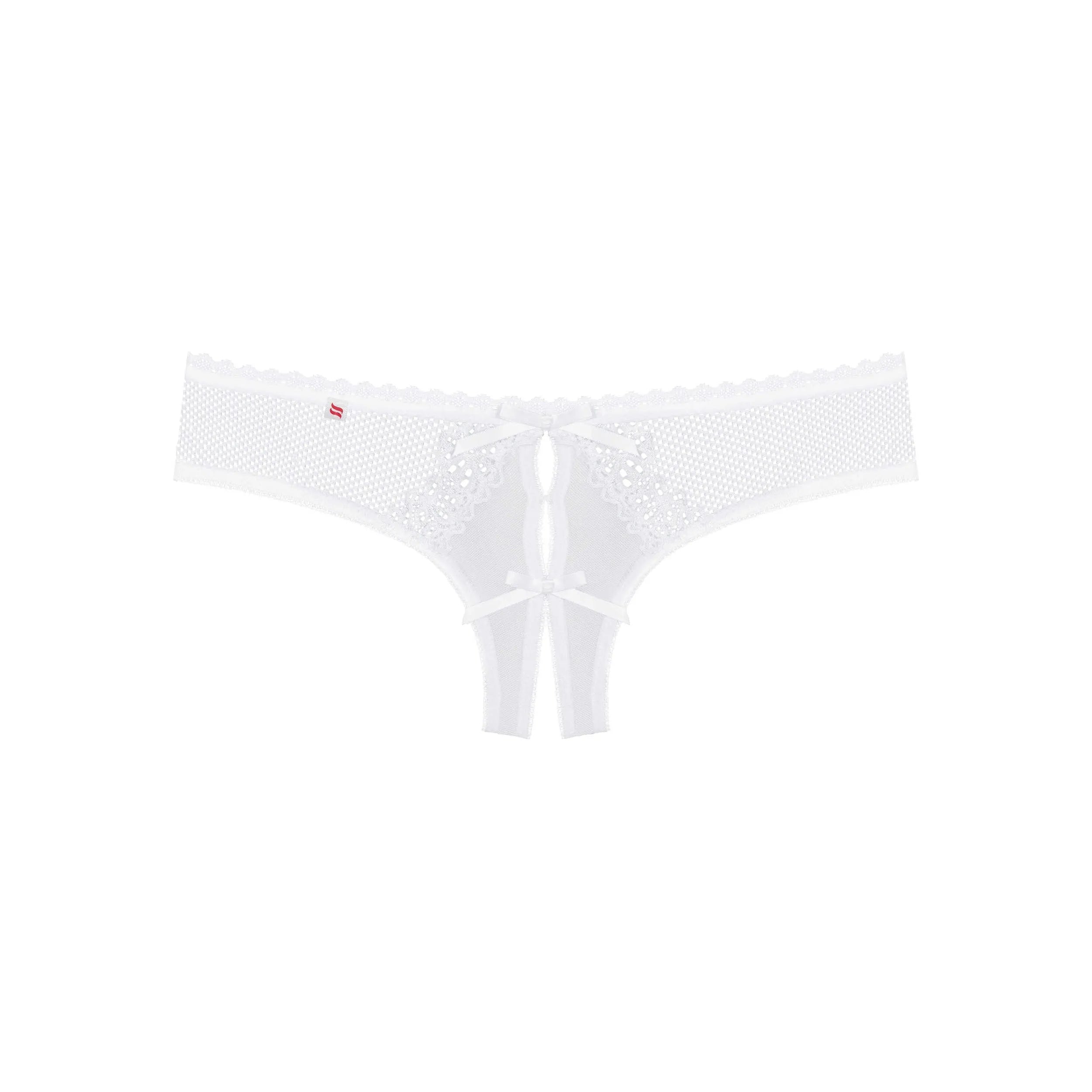 String blanc ouvert Alabastra, dentelle florale, noeud satin, micro résille, 90% polyamide, 10% élasthanne, Obsessive.