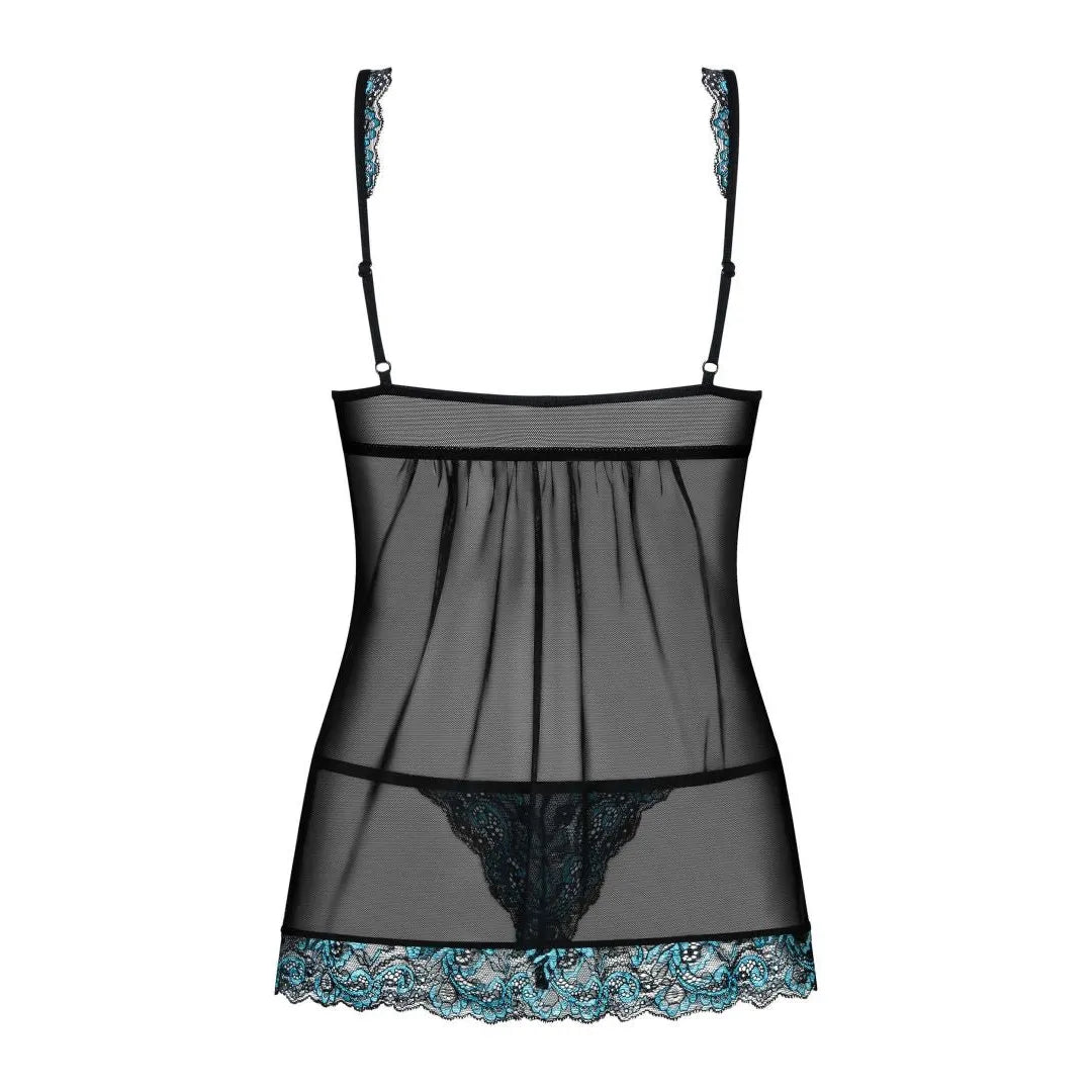 Babydoll dentelle turquoise Obsessive, élégante, transparente, ornée de dentelle fine, silhouette féminine captivante.