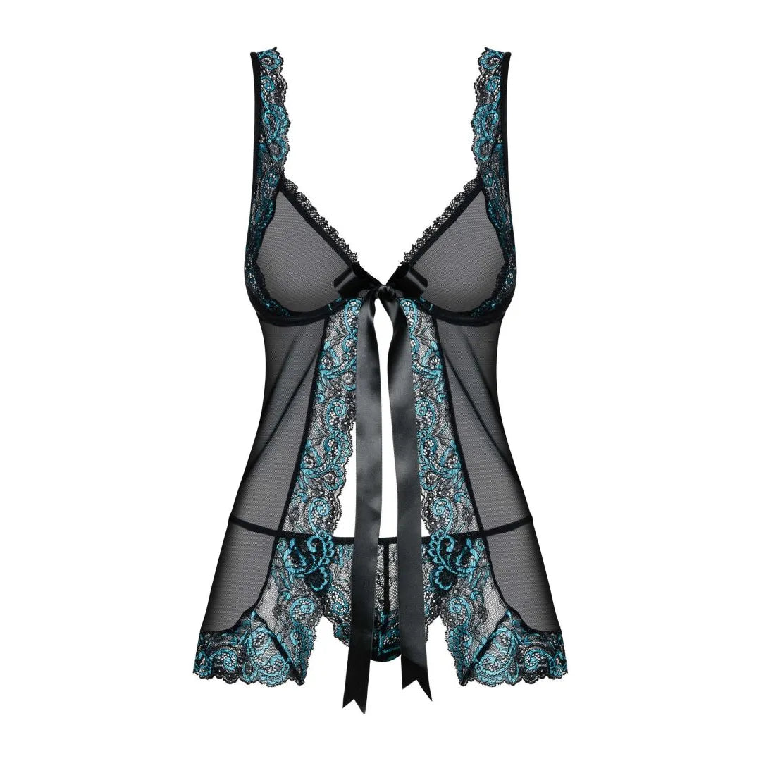 Babydoll dentelle turquoise Obsessive, élégante et sensuelle, avec nœud noir, accentue la silhouette féminine.