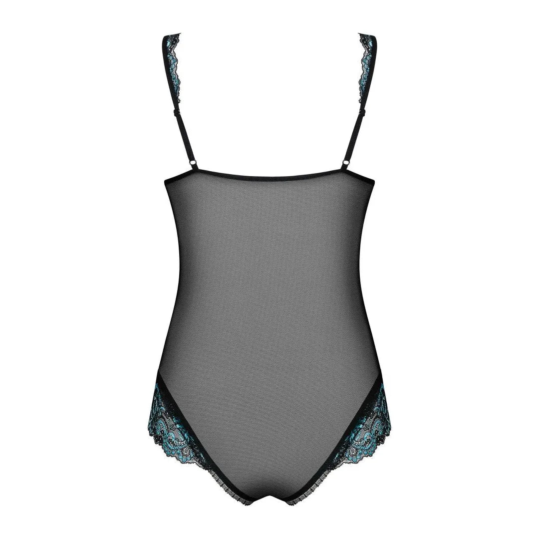 Body dentelle turquoise transparent, maintien parfait, ouvert, amincissant, bretelles réglables, détails élégants.