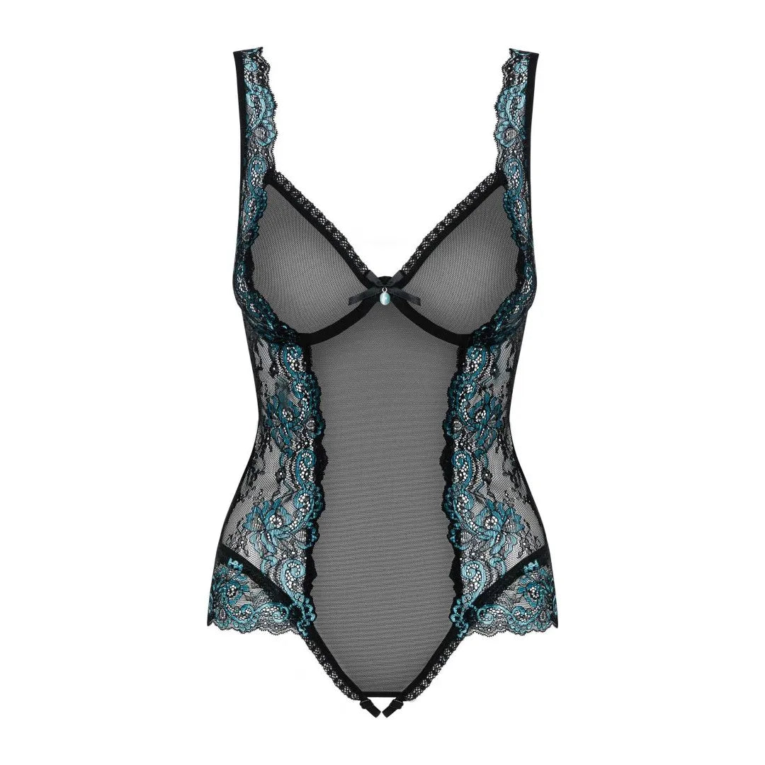 Body dentelle turquoise transparent, design ouvert, bonnets à armatures, amincissant, élégant et séduisant.