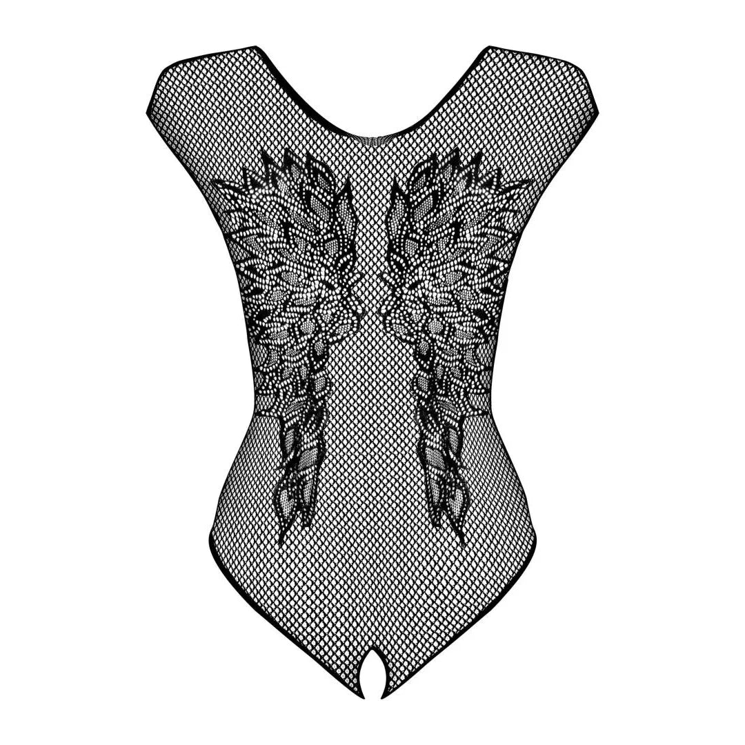 Body noir résille élastique avec ailes semi-transparentes, design sexy et élégant, sublime la silhouette féminine.