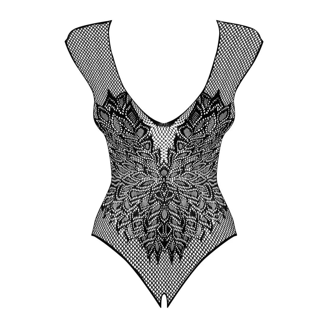 Body noir résille élastique, ouvert, semi-transparent, avec ailes, sexy et élégant, sublimant la silhouette féminine.