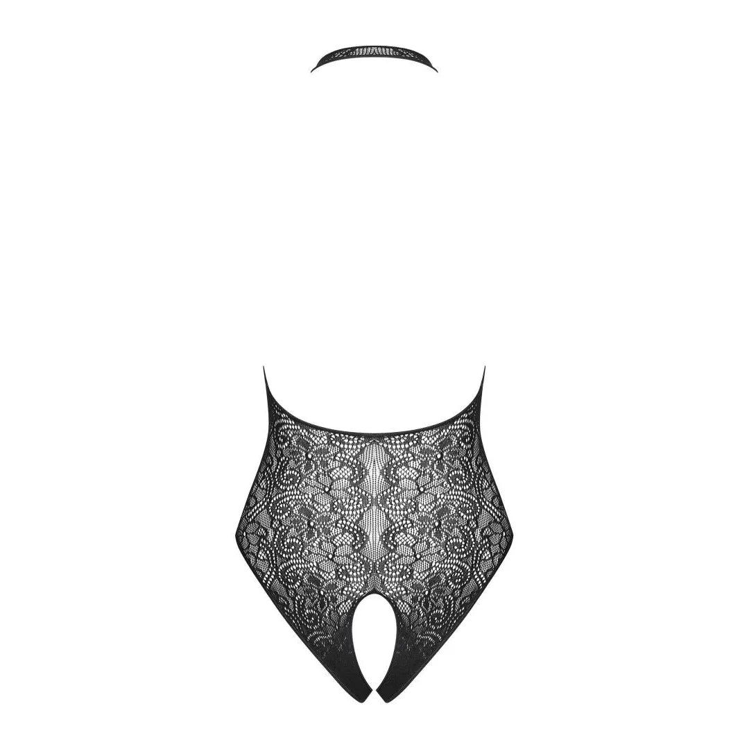 Body noir en dentelle et maille satinée, bretelles ajustables, design glamour et élégant, Obsessive.