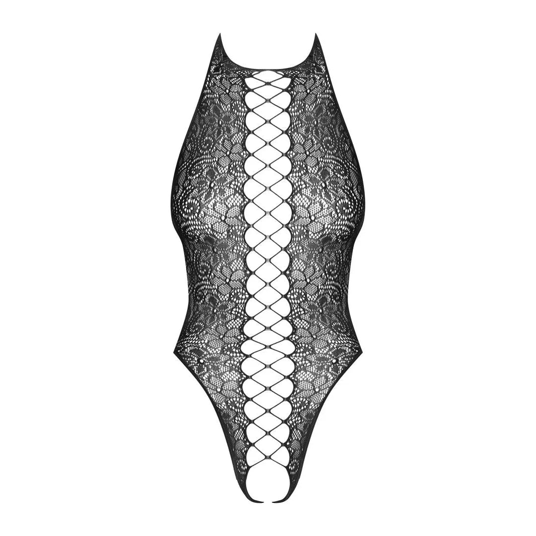 Body noir dentelle maille satinée ajustable, bretelles réglables, design glamour, met en valeur les courbes féminines.