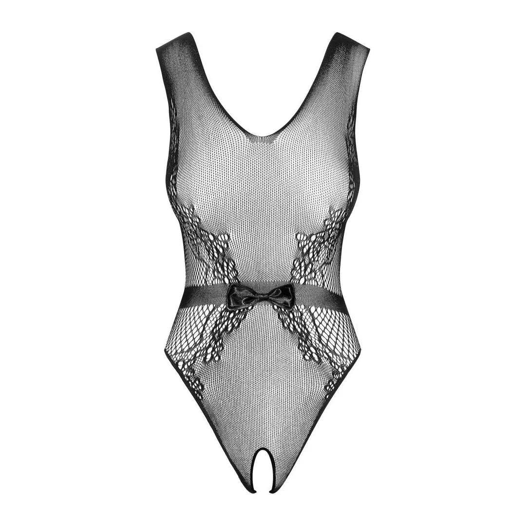 Body noir résille ouvert entrejambe, ceinture satin, découpes élégantes, confort 3Sknit, style sensuel et audacieux.