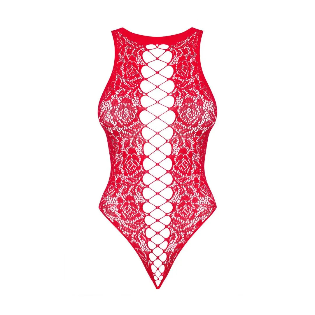 Body rouge en dentelle ouverte, design sexy et confortable, tissu élastique épousant les courbes féminines.