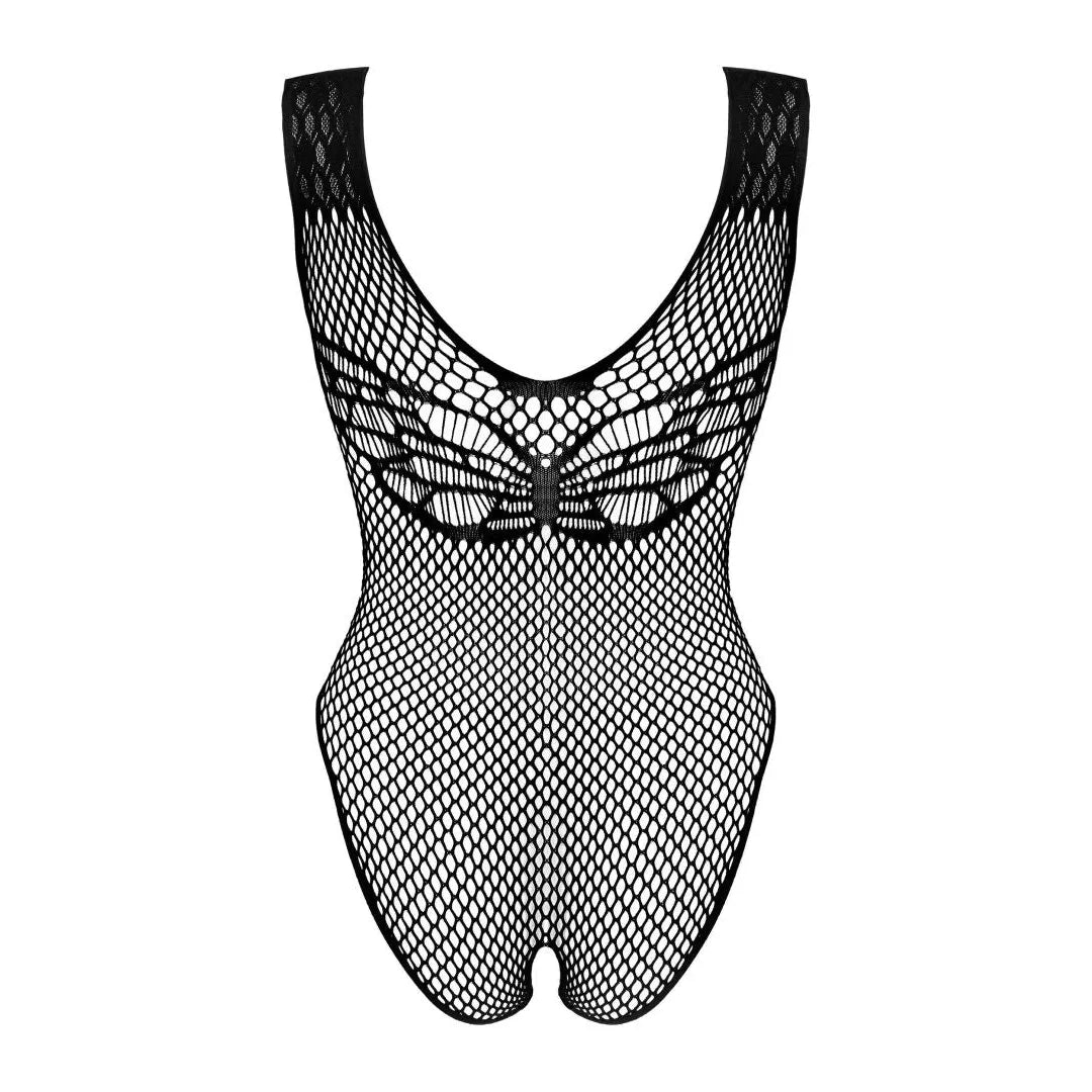 Body sexy noir en maille délicate, décolleté profond, entrejambe ouvert, design élégant et audacieux pour soirée séduisante.