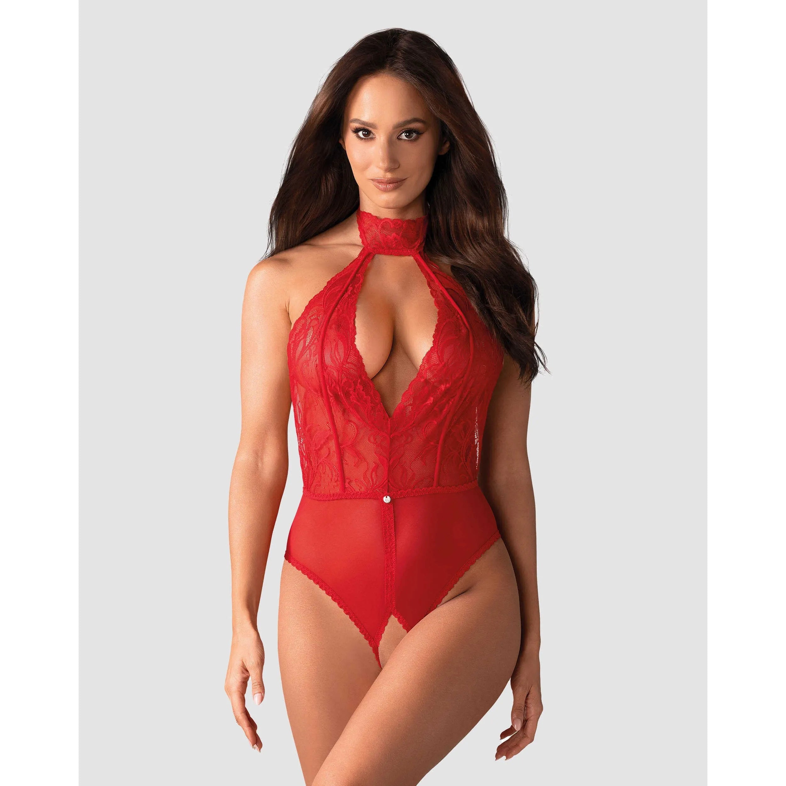 Body rouge en dentelle chic avec entrejambe ouvert, design élégant et sensuel, parfait pour sublimer la silhouette féminine.