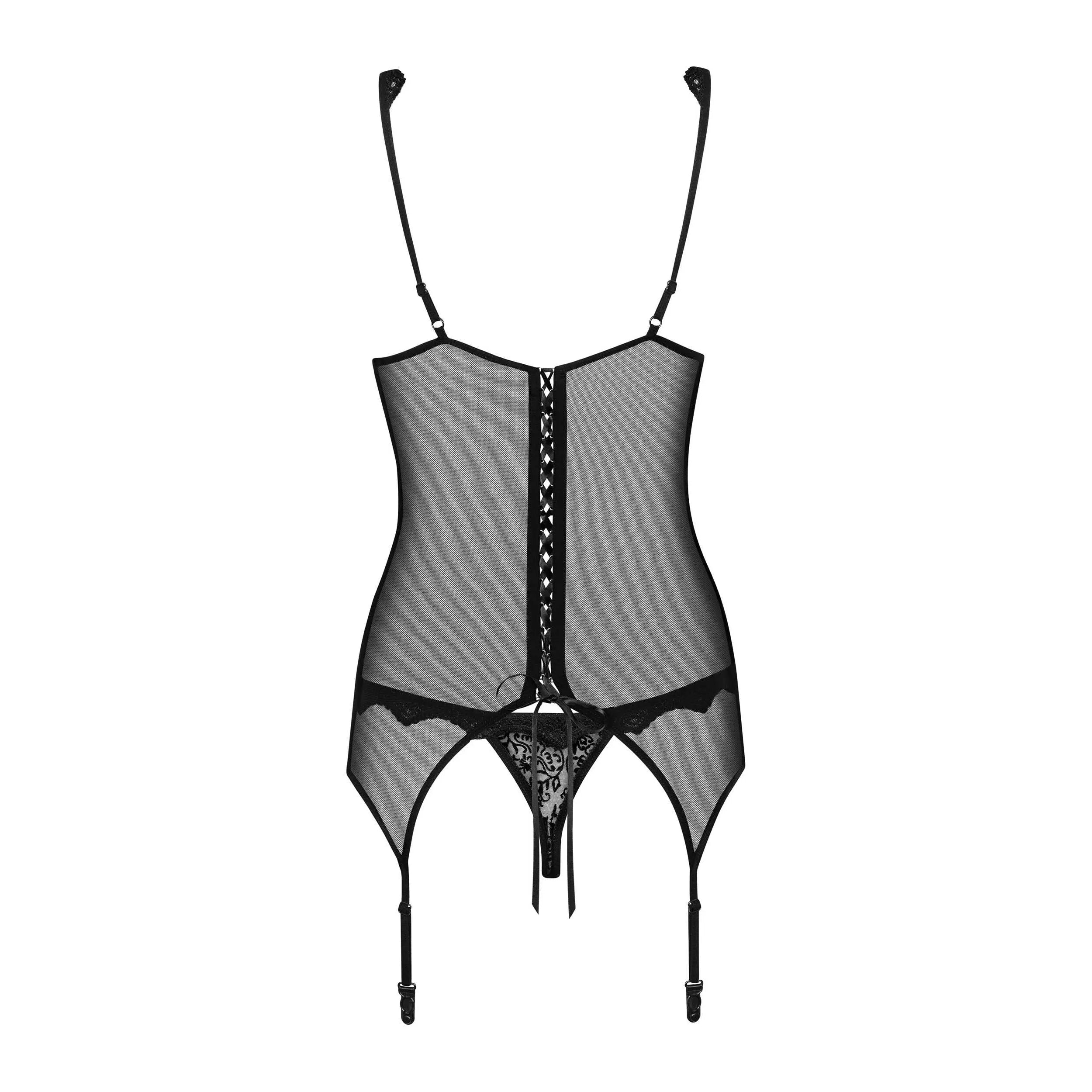 Emperita Guêpière noire jarretières dentelle velours floral réglable maille transparente