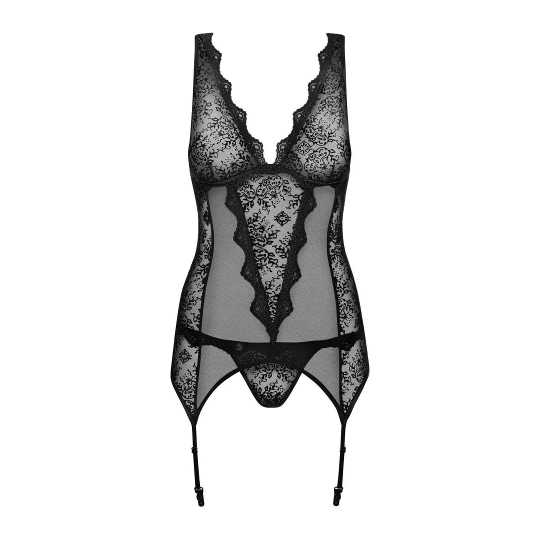 Emperita Guêpière noire jarretières dentelle velours floral réglable maille transparente