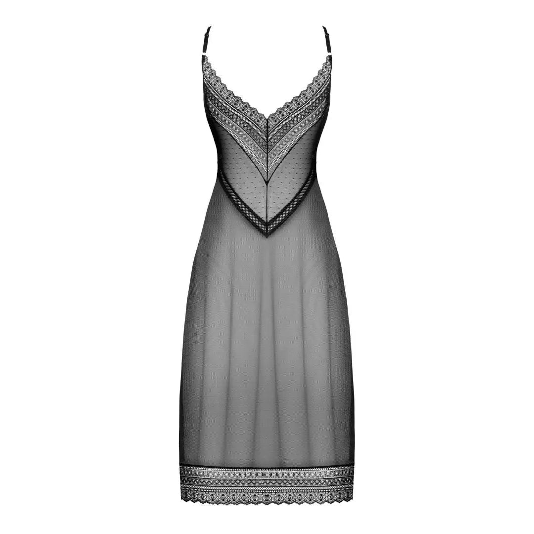 Nuisette longue sexy Estiqua noire asymétrique dentelle dos nu ajustable