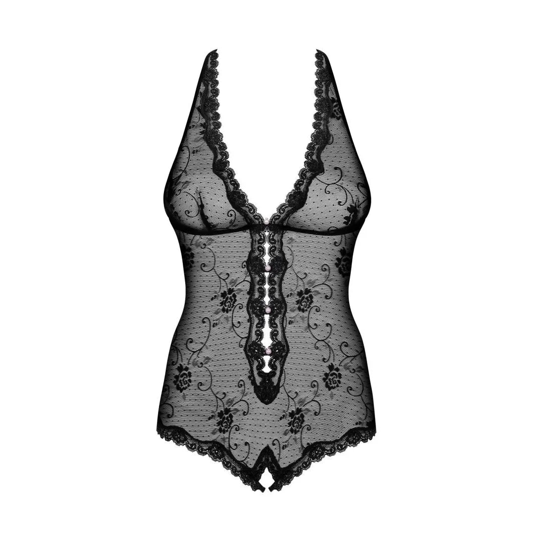 Fiorenta Body Noir floral dentelle ouvert sexy bretelles ajustables